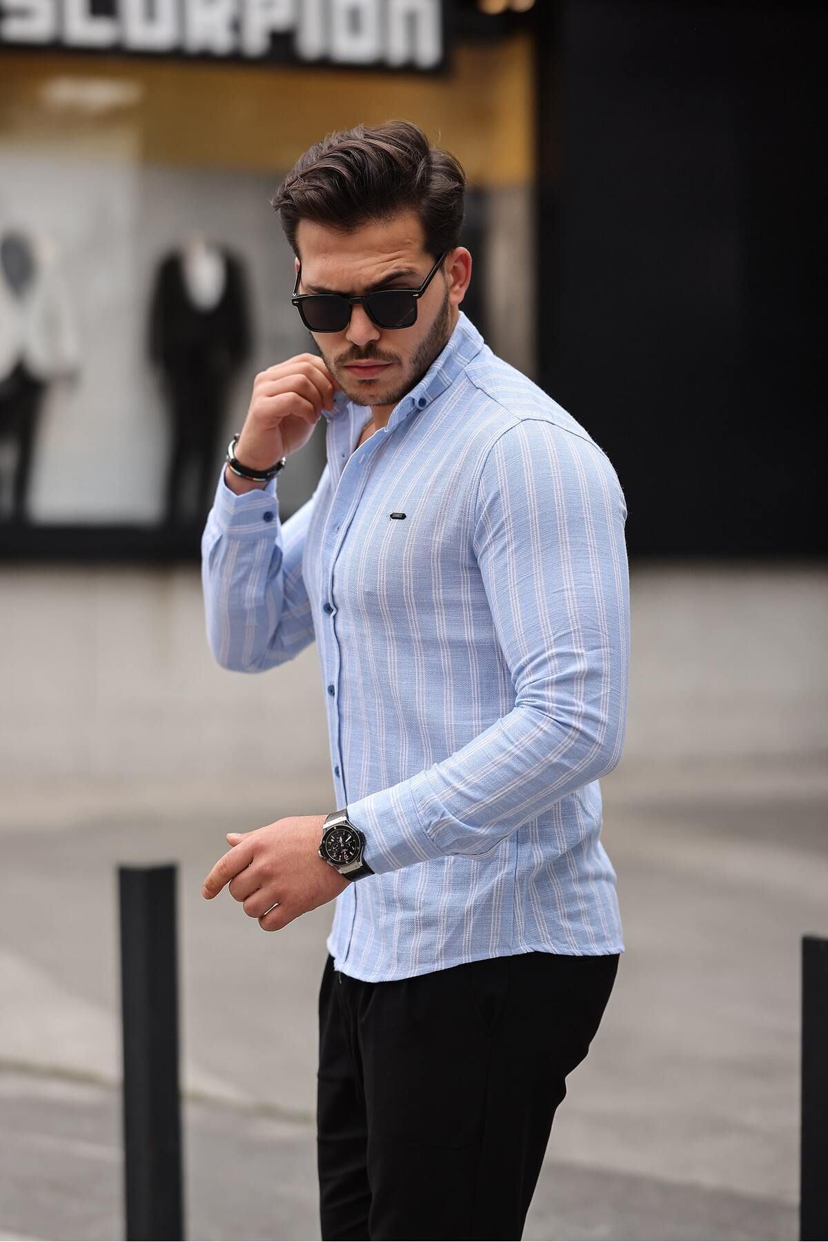 Erkek Keten Kumaş Uzun Kollu Gömlek