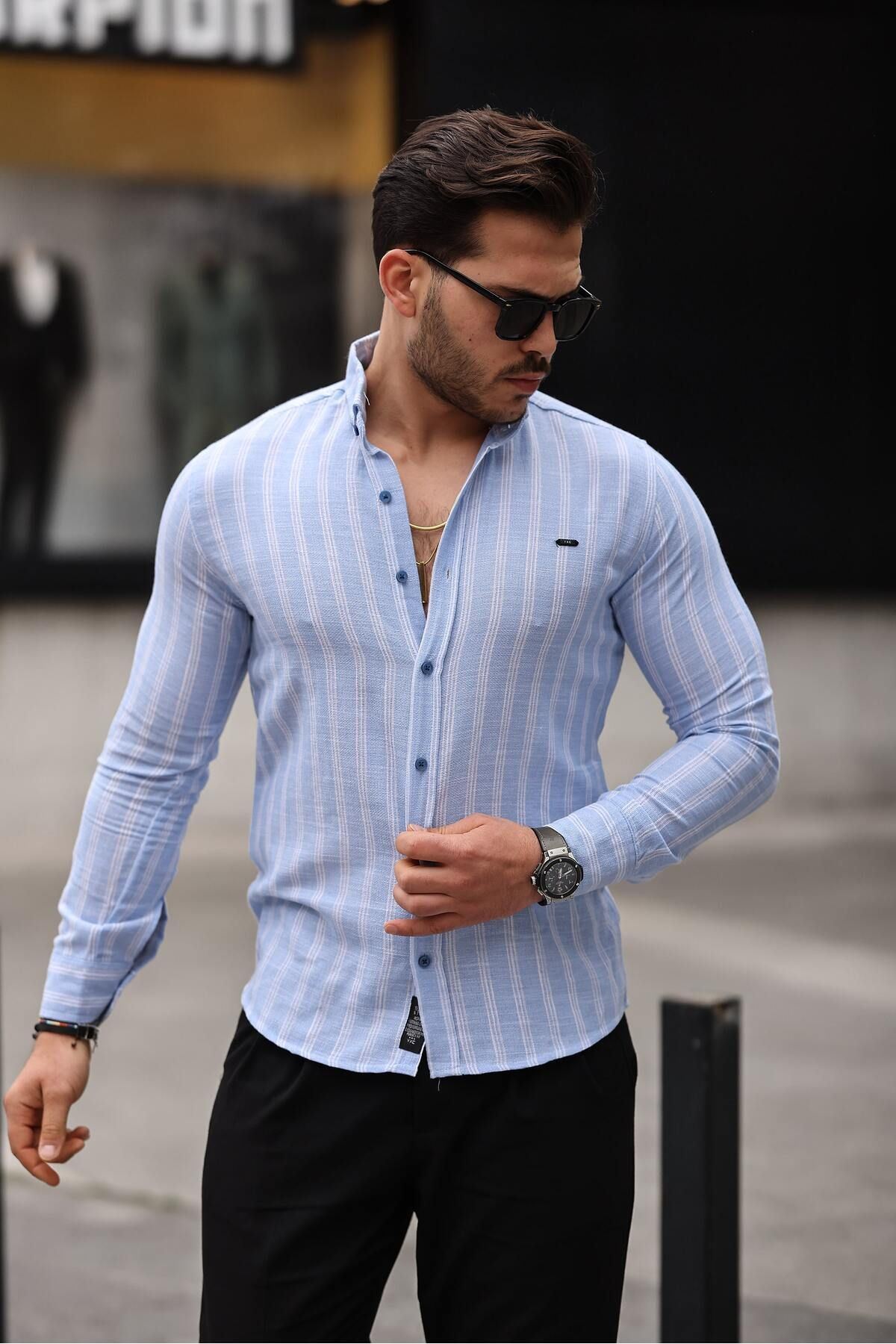 Erkek Keten Kumaş Uzun Kollu Gömlek