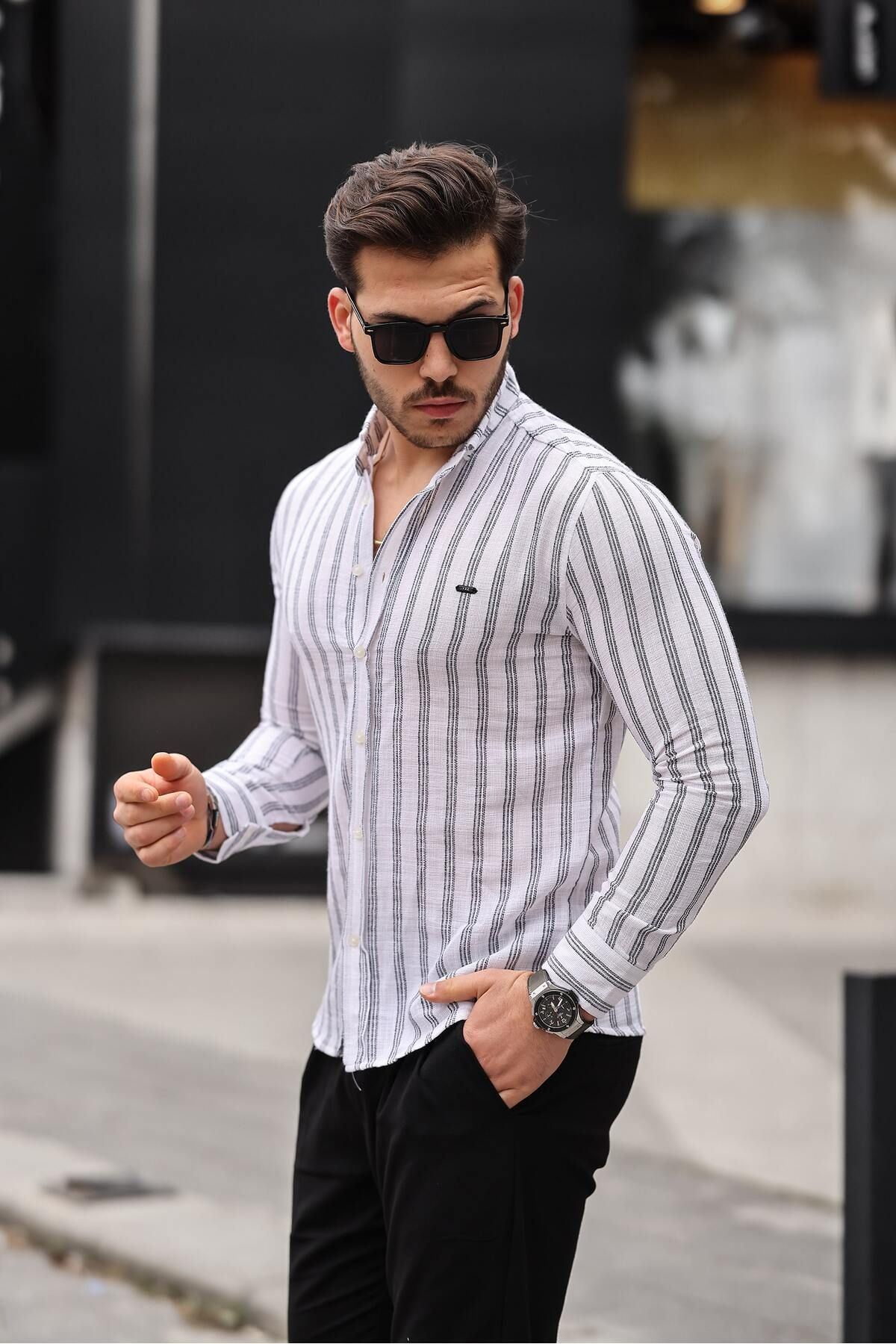 Erkek Keten Kumaş Uzun Kollu Gömlek