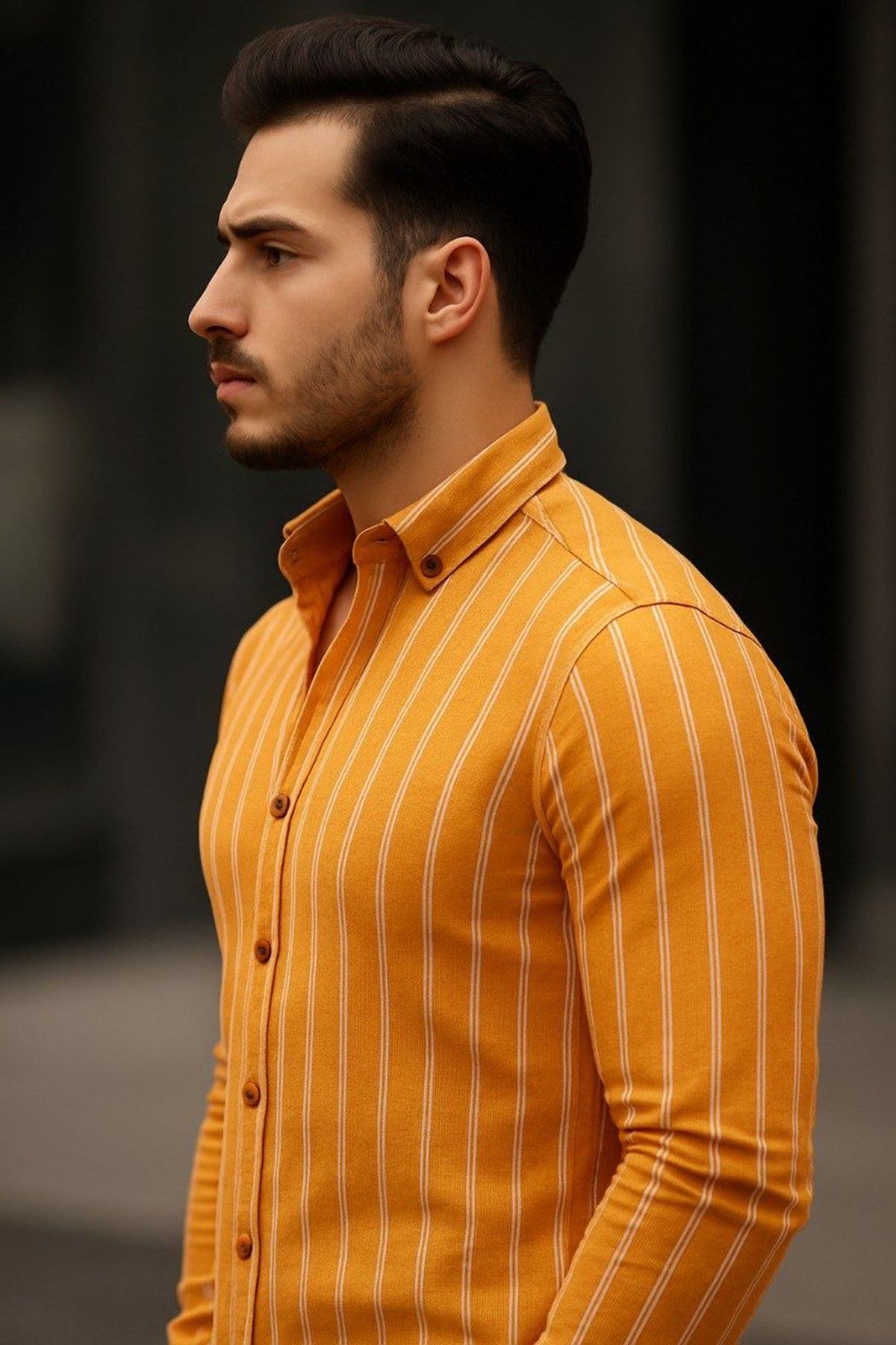 Erkek Keten Kumaş Uzun Kollu Gömlek