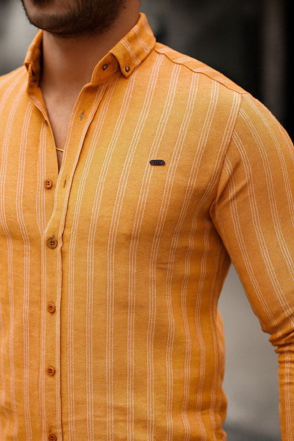 Erkek Keten Kumaş Uzun Kollu Gömlek