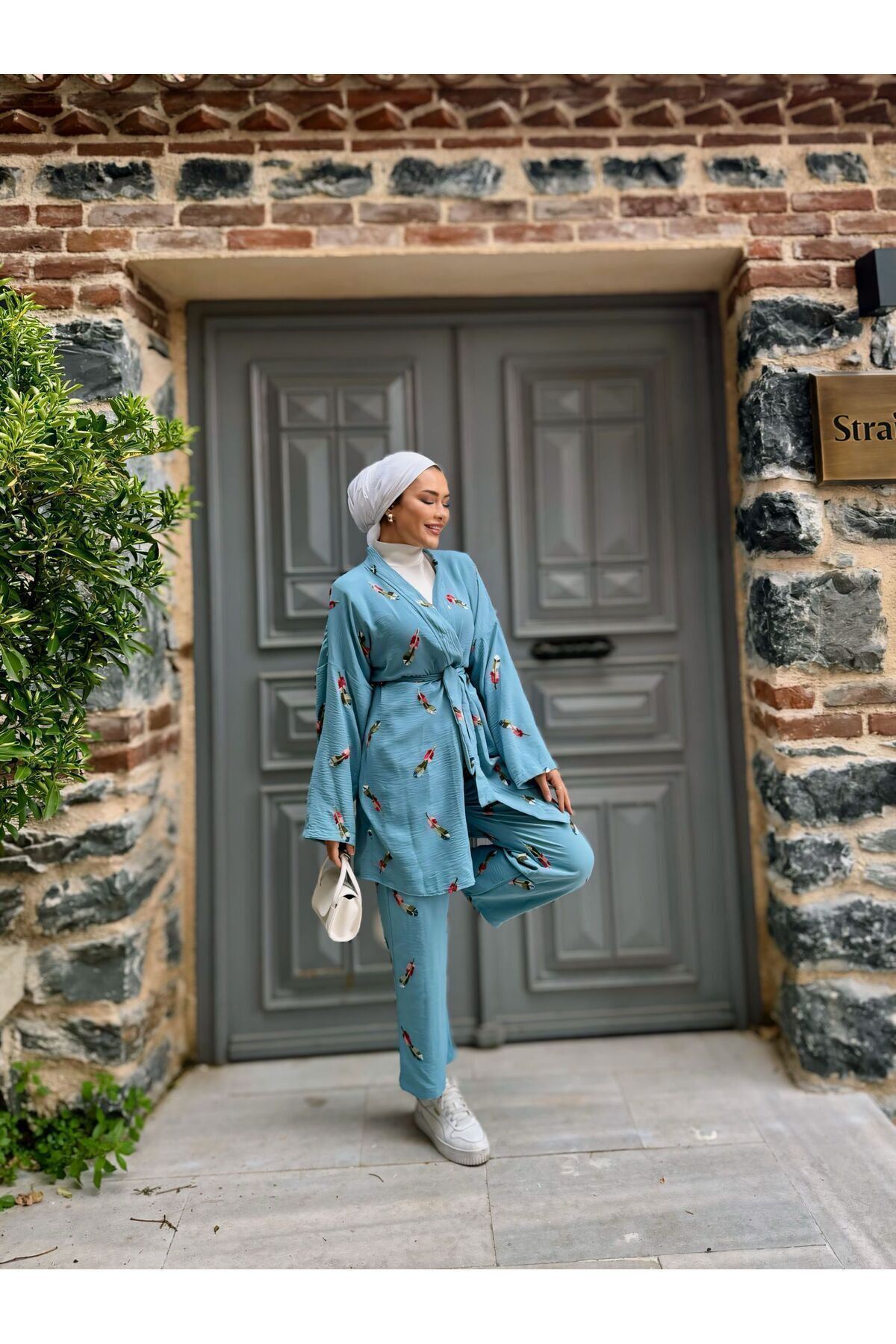 Kadın Tesettür Kimono Bol Pantolon Mavi Ikili Takım