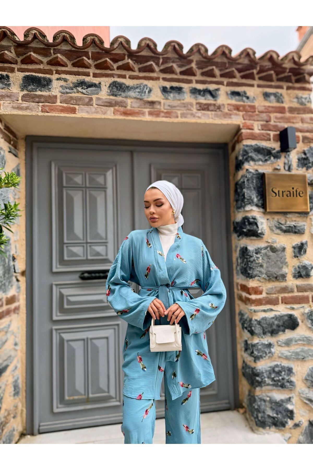 Kadın Tesettür Kimono Bol Pantolon Mavi Ikili Takım