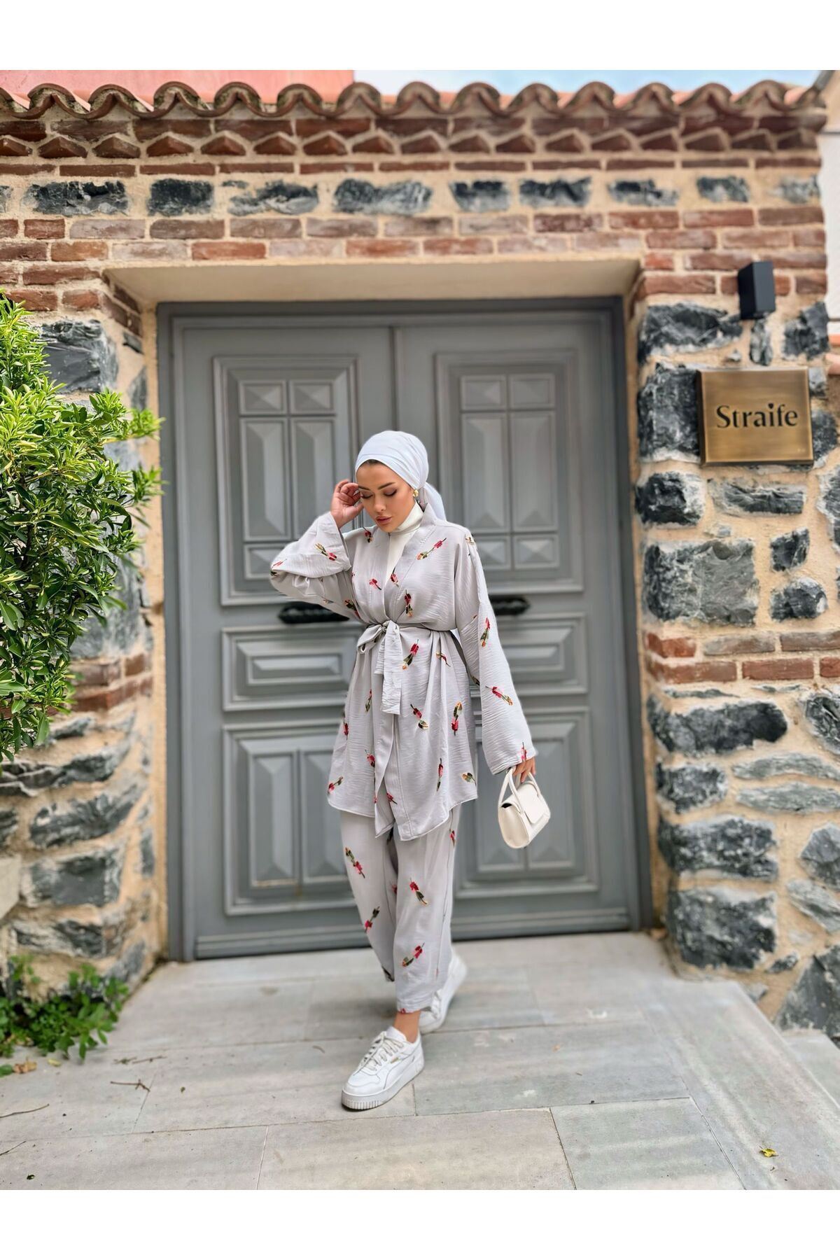 Kadın Tesettür Kimono Bol Pantolon Gri Ikili Takım