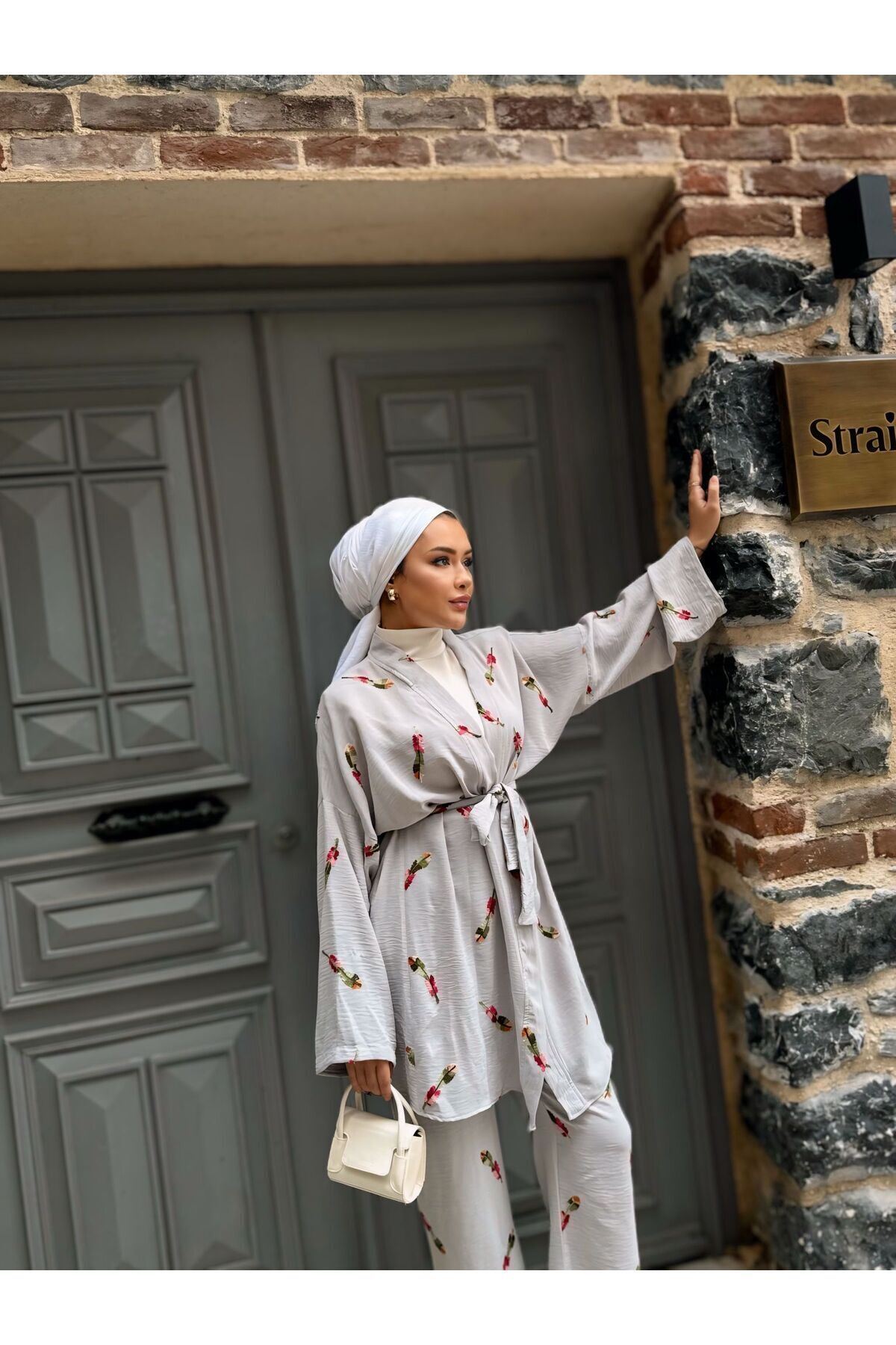 Kadın Tesettür Kimono Bol Pantolon Gri Ikili Takım