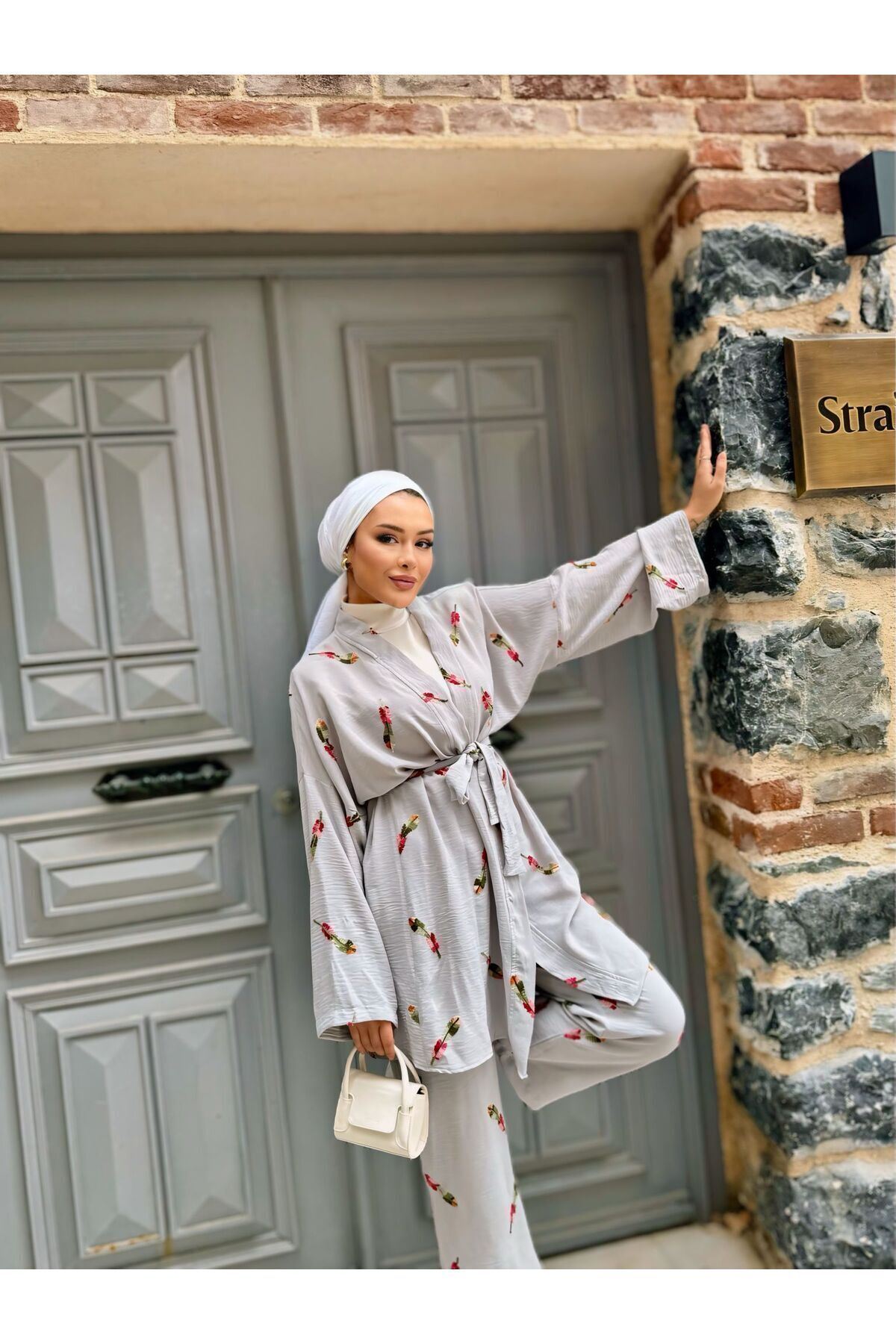 Kadın Tesettür Kimono Bol Pantolon Gri Ikili Takım