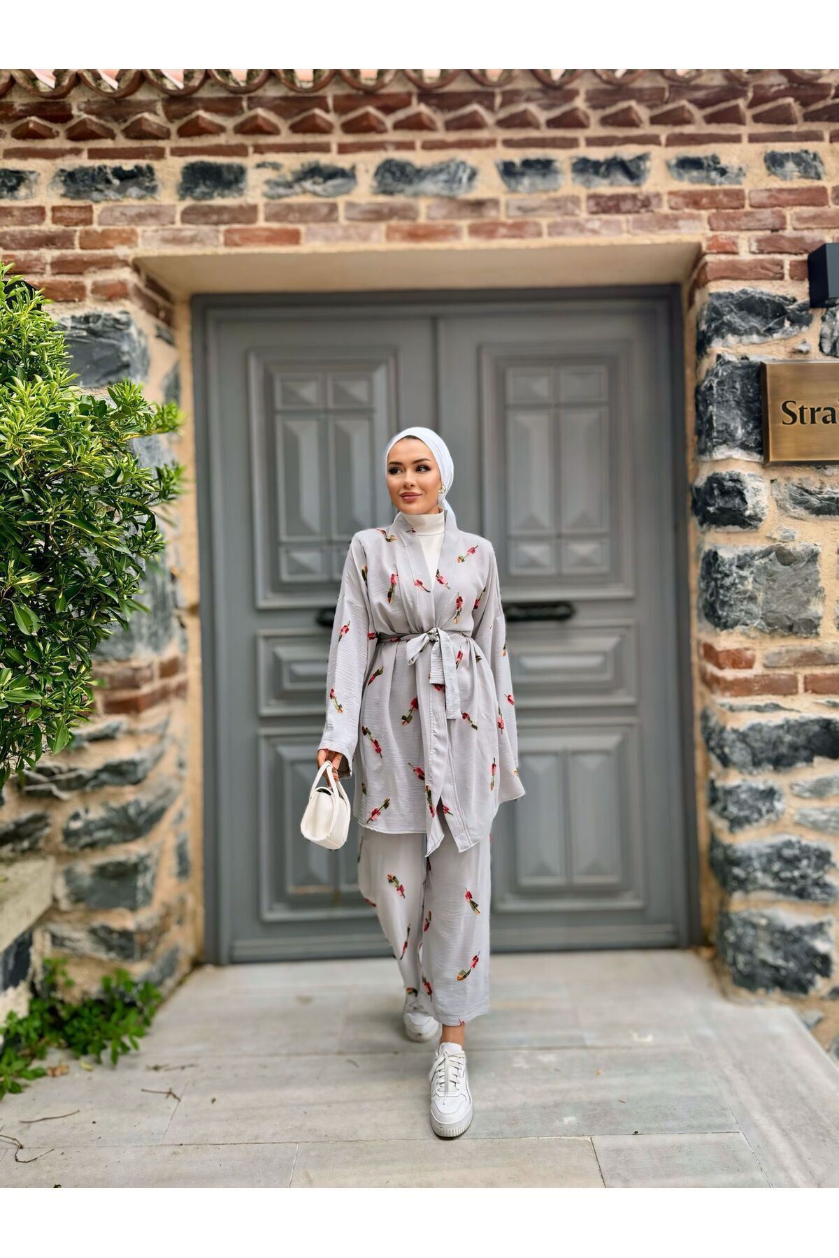 Kadın Tesettür Kimono Bol Pantolon Gri Ikili Takım