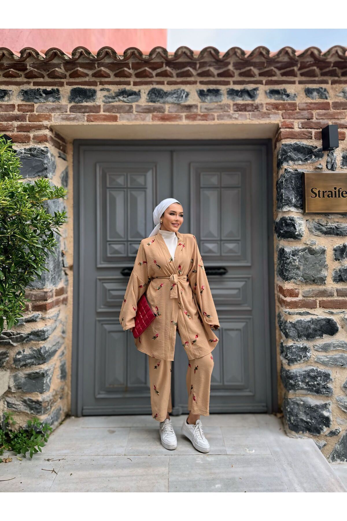 Kadın Tesettür Kimono Bol Pantolon Camel Ikili Takım