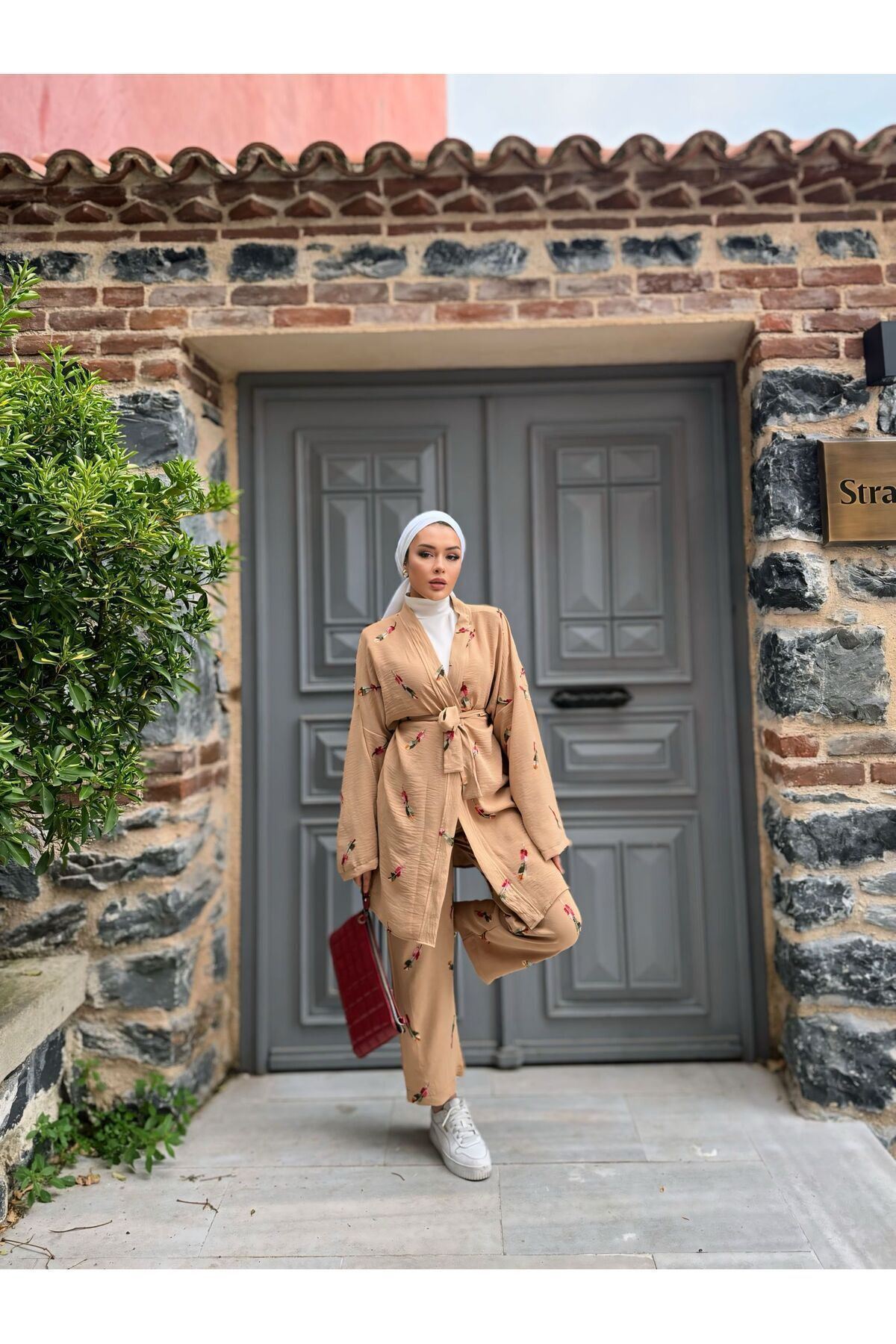 Kadın Tesettür Kimono Bol Pantolon Camel Ikili Takım