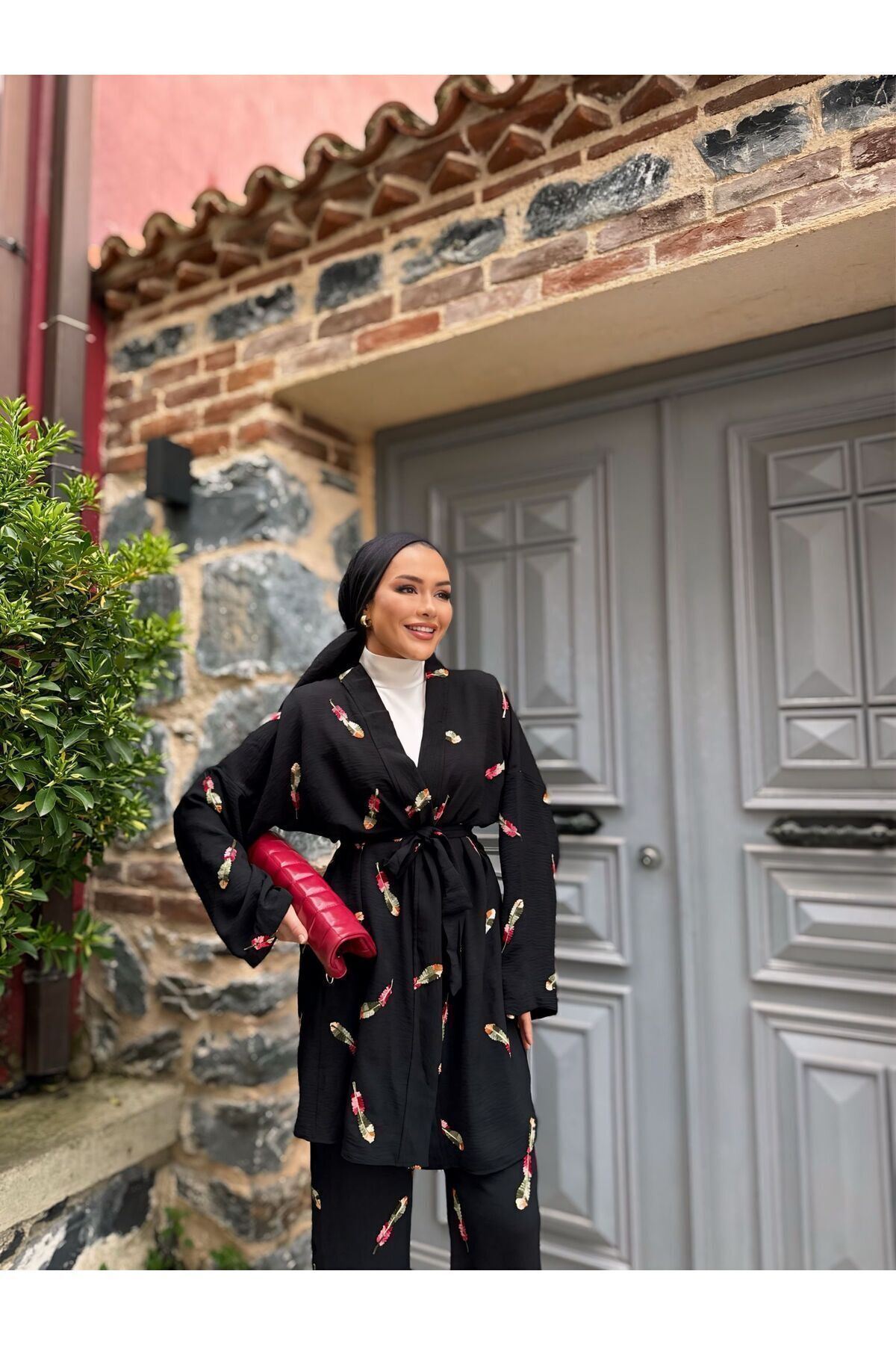 Kadın Tesettür Kimono Bol Pantolon Siyah Ikili Takım