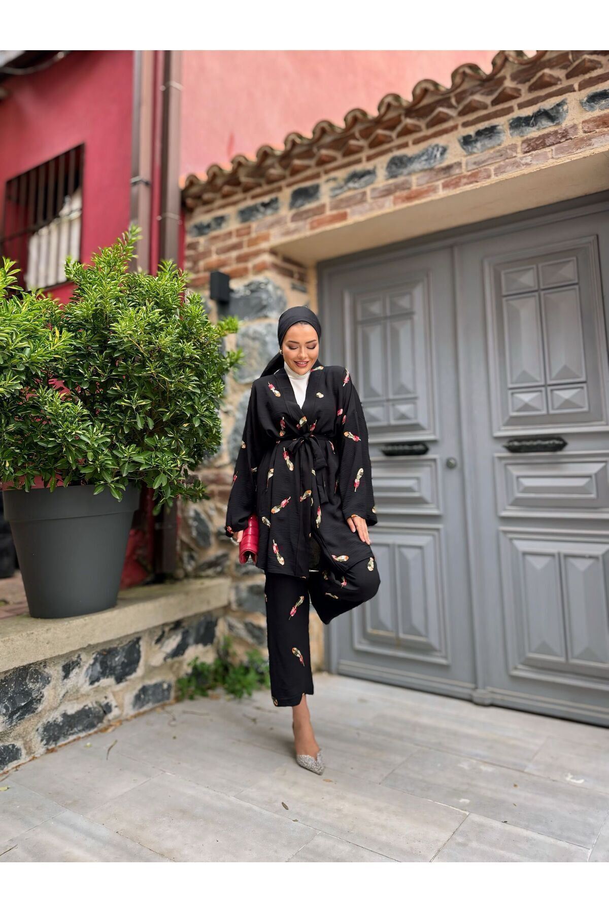 Kadın Tesettür Kimono Bol Pantolon Siyah Ikili Takım