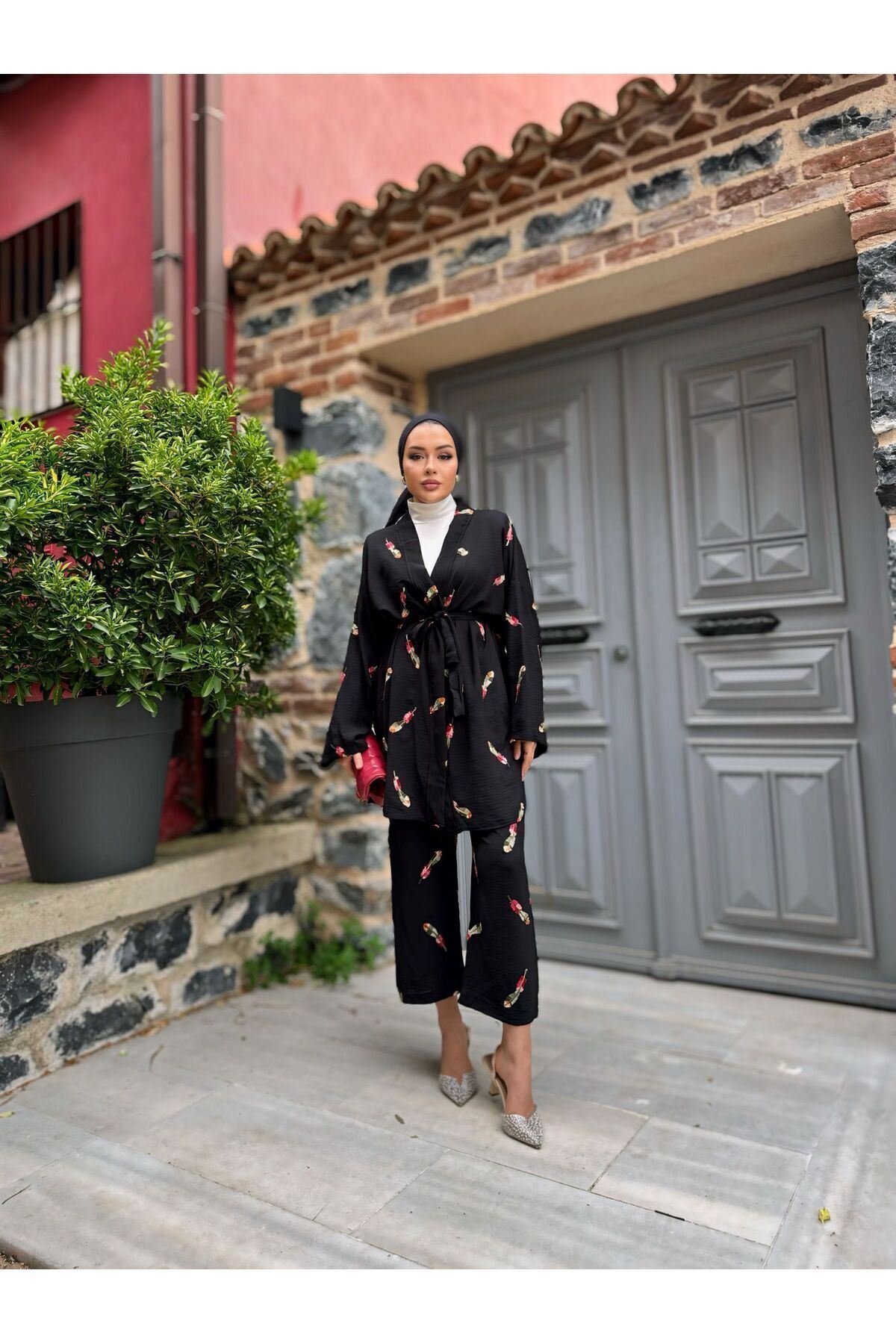 Kadın Tesettür Kimono Bol Pantolon Siyah Ikili Takım