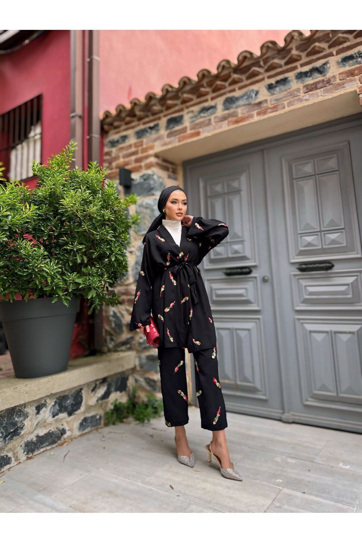 Kadın Tesettür Kimono Bol Pantolon Siyah Ikili Takım