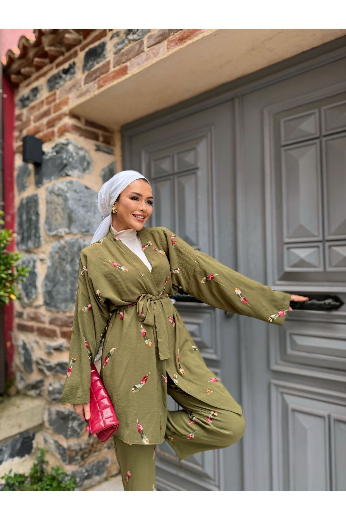 Kadın Tesettür Kimono Bol Pantolon Haki Ikili Takım