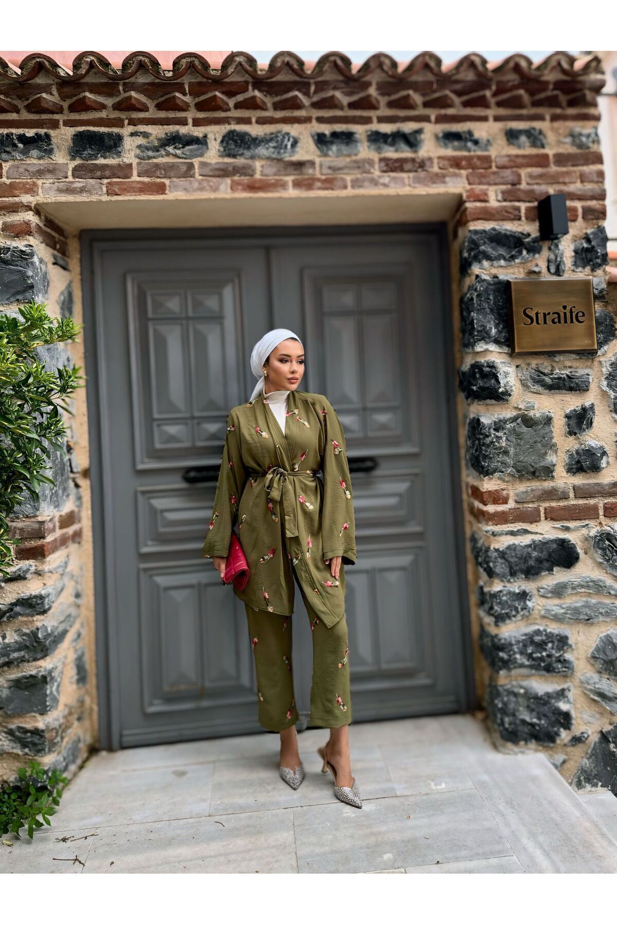 Kadın Tesettür Kimono Bol Pantolon Haki Ikili Takım