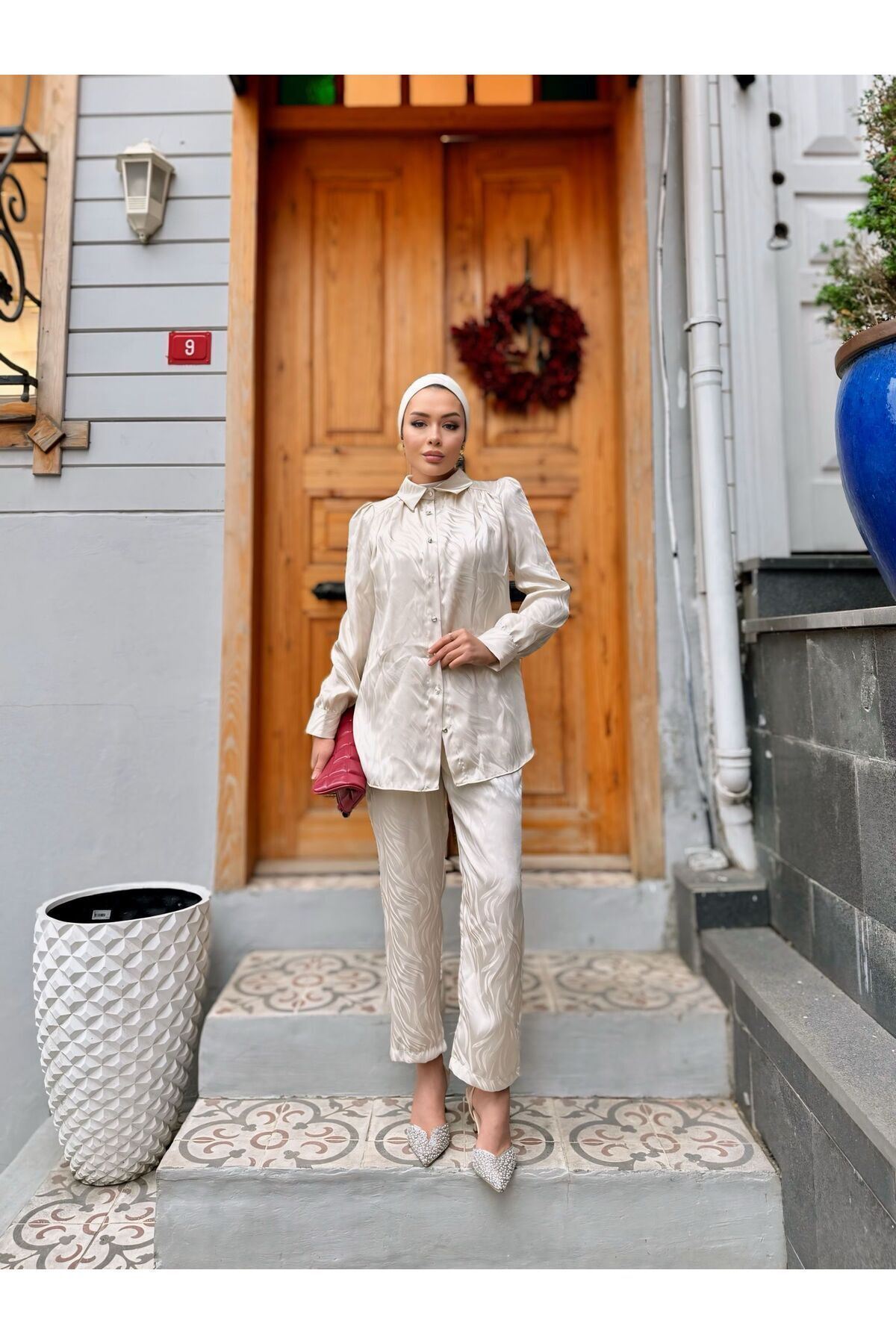 Kadın Desenli Gömlek Bol Pantolon Alt Üst Krem Ikili Takım