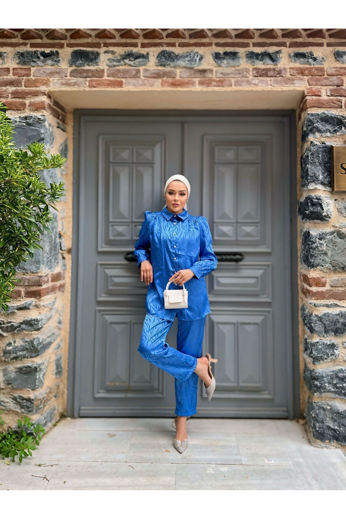 Kadın Desenli Gömlek Bol Pantolon Alt Üst Mavi Ikili Takım