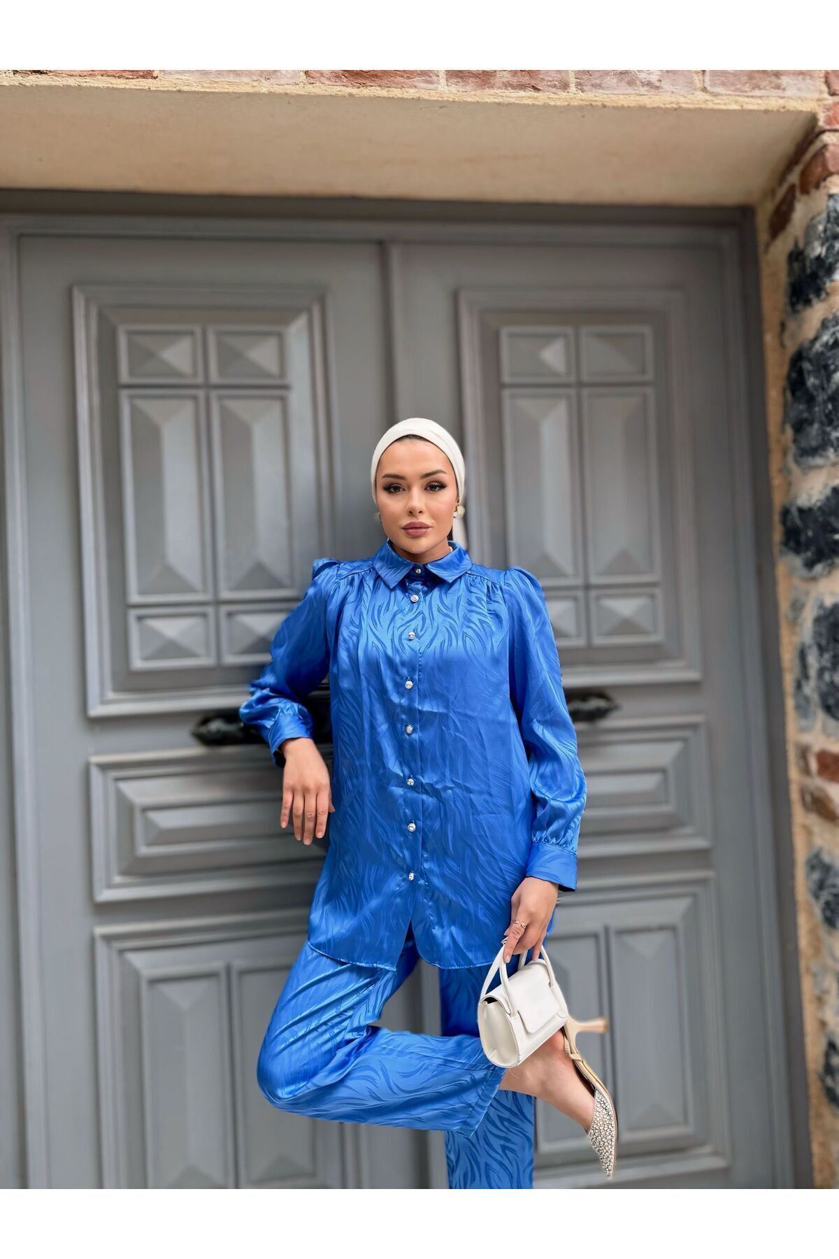 Kadın Desenli Gömlek Bol Pantolon Alt Üst Mavi Ikili Takım