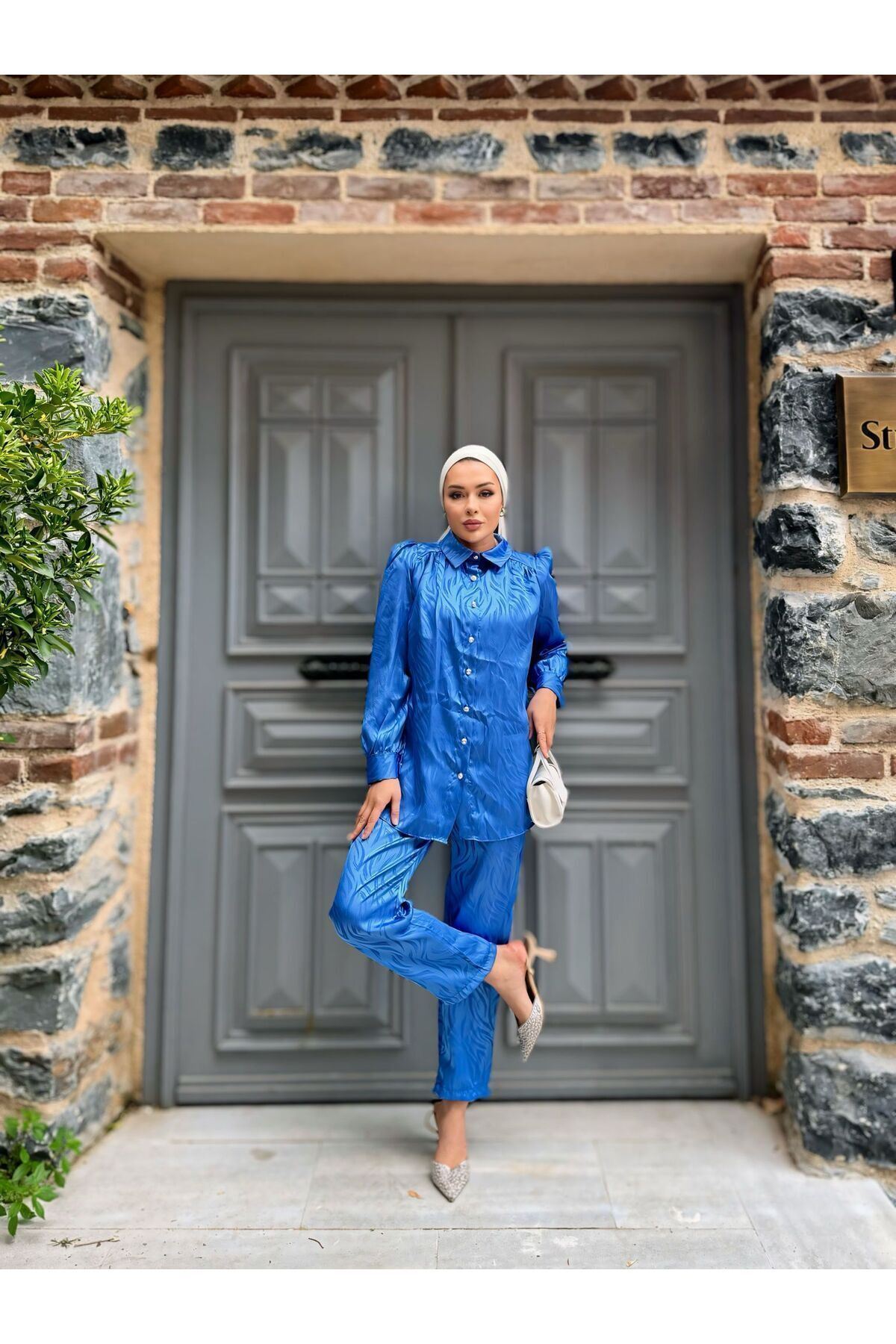 Kadın Desenli Gömlek Bol Pantolon Alt Üst Mavi Ikili Takım