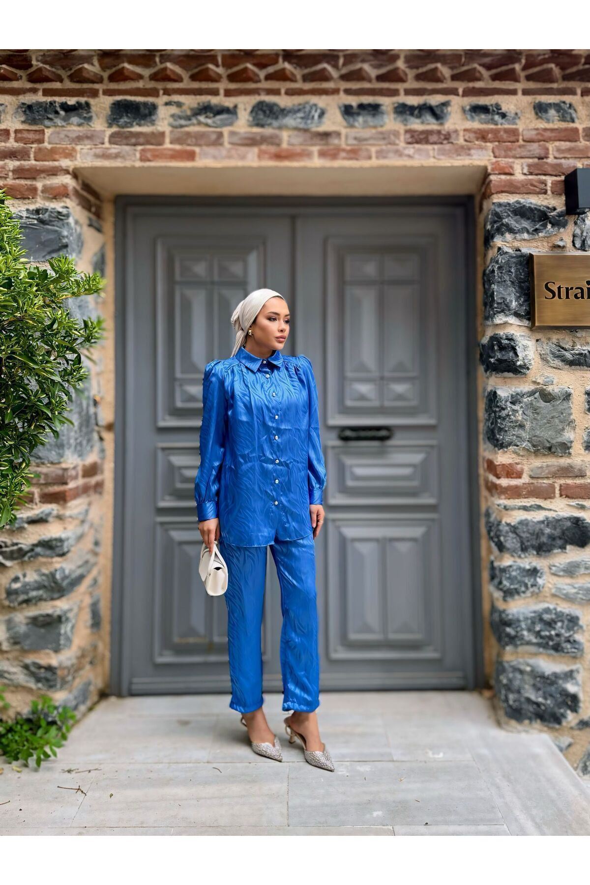 Kadın Desenli Gömlek Bol Pantolon Alt Üst Mavi Ikili Takım