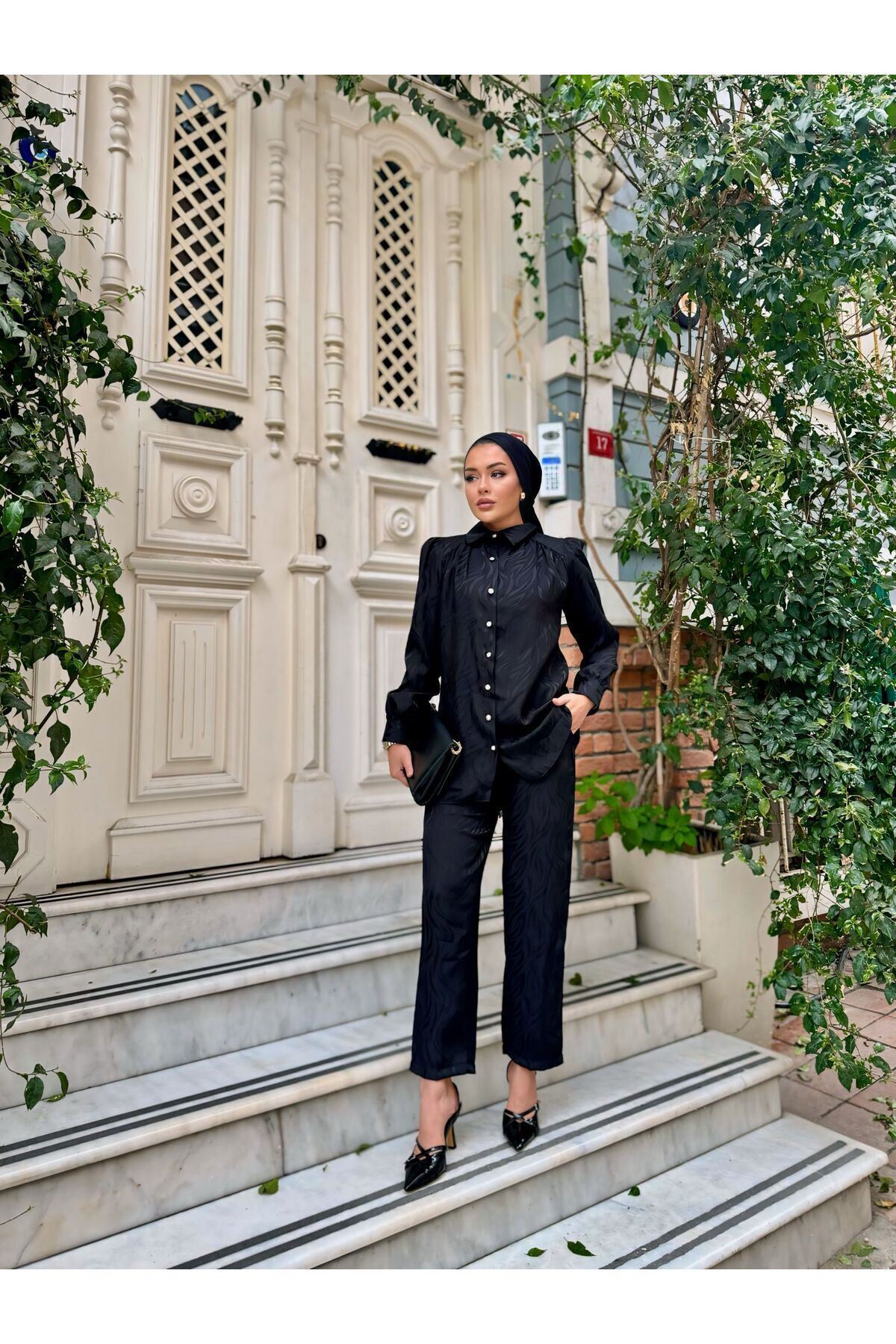 Kadın Desenli Gömlek Bol Pantolon Alt Üst Siyah Ikili Takım