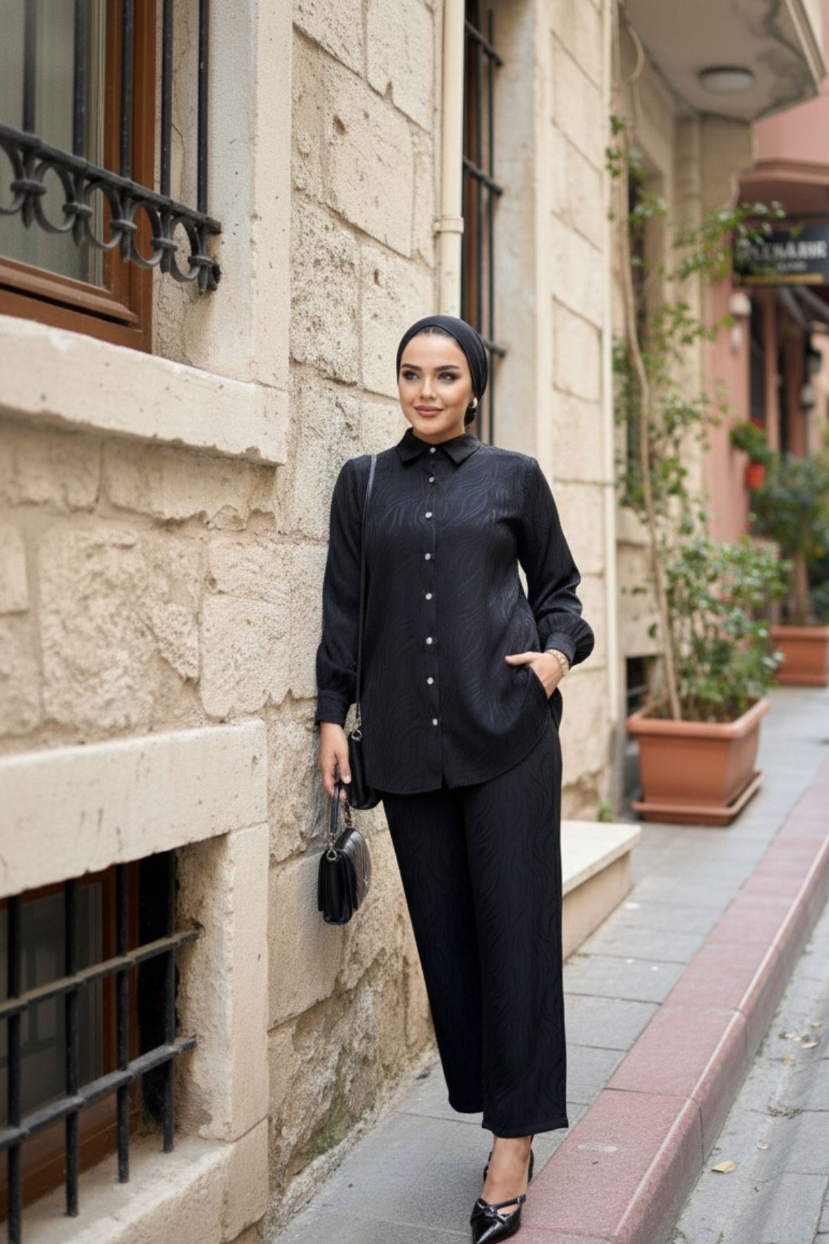 Kadın Desenli Gömlek Bol Pantolon Alt Üst Siyah Ikili Takım