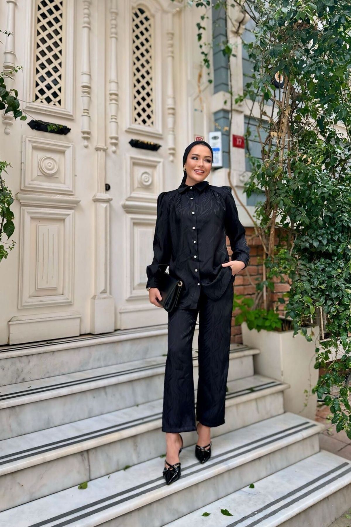 Kadın Desenli Gömlek Bol Pantolon Alt Üst Siyah Ikili Takım