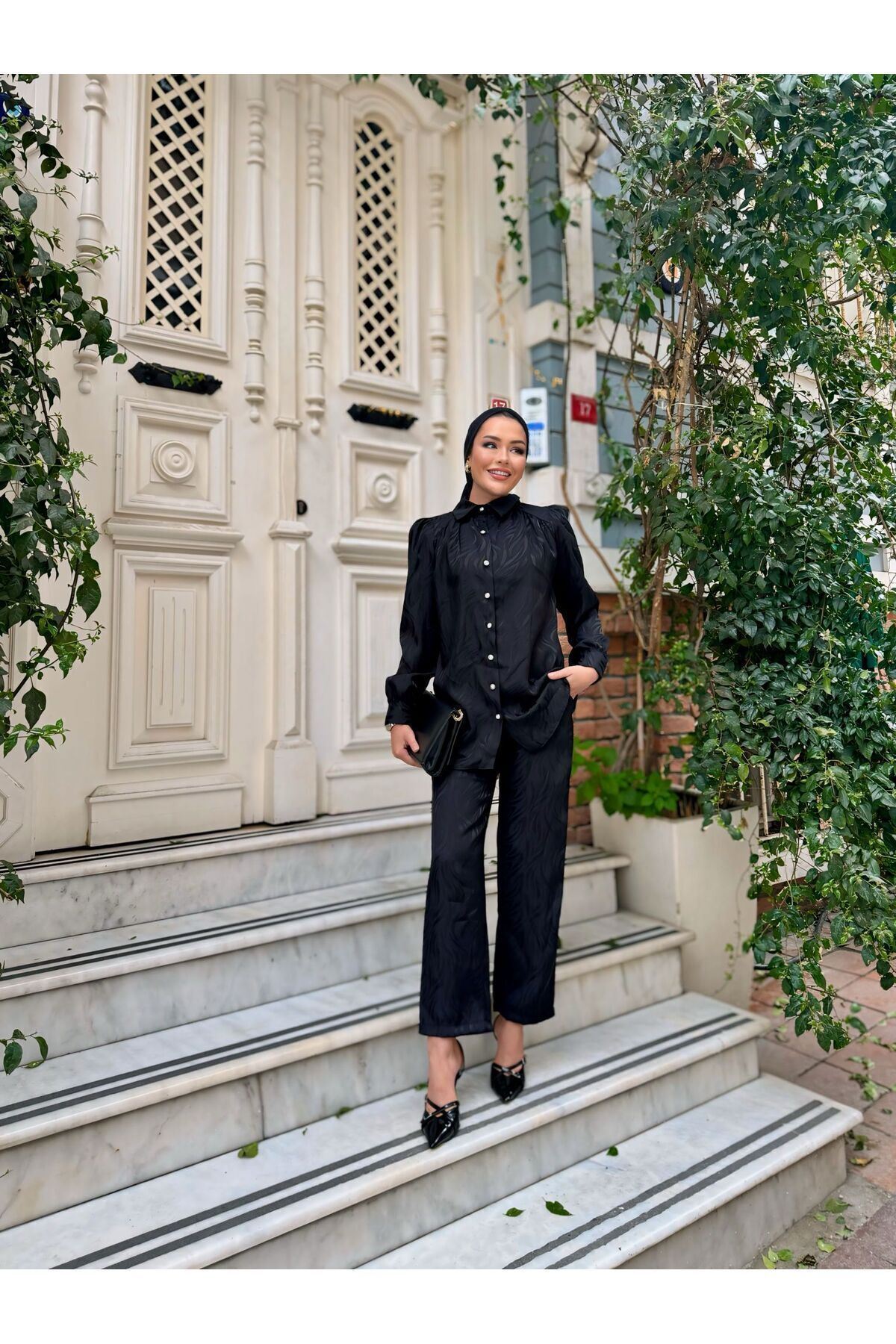 Kadın Desenli Gömlek Bol Pantolon Alt Üst Siyah Ikili Takım