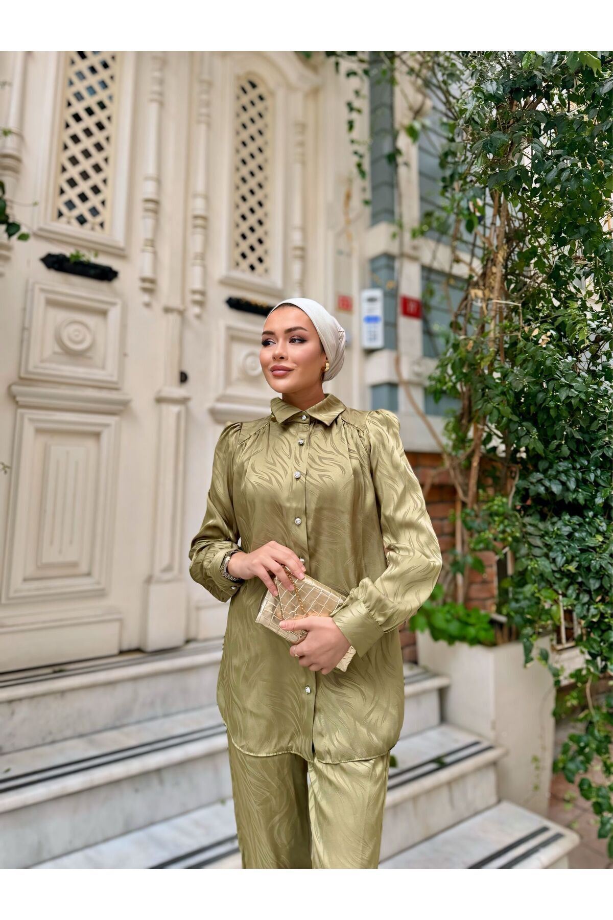 Kadın Desenli Gömlek Bol Pantolon Alt Üst Yeşil Ikili Takım