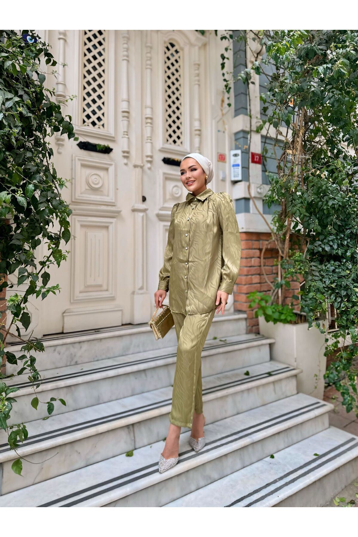 Kadın Desenli Gömlek Bol Pantolon Alt Üst Yeşil Ikili Takım