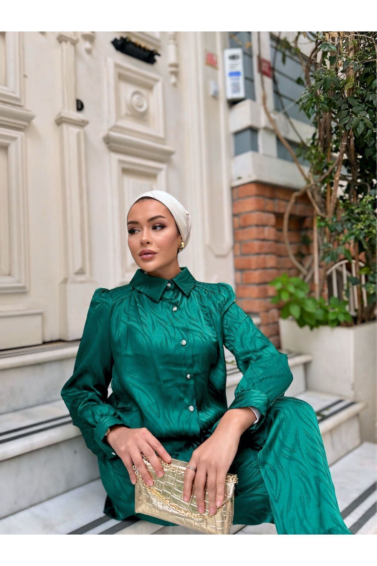 Kadın Desenli Gömlek Bol Pantolon Alt Üst Zümrüt Ikili Takım