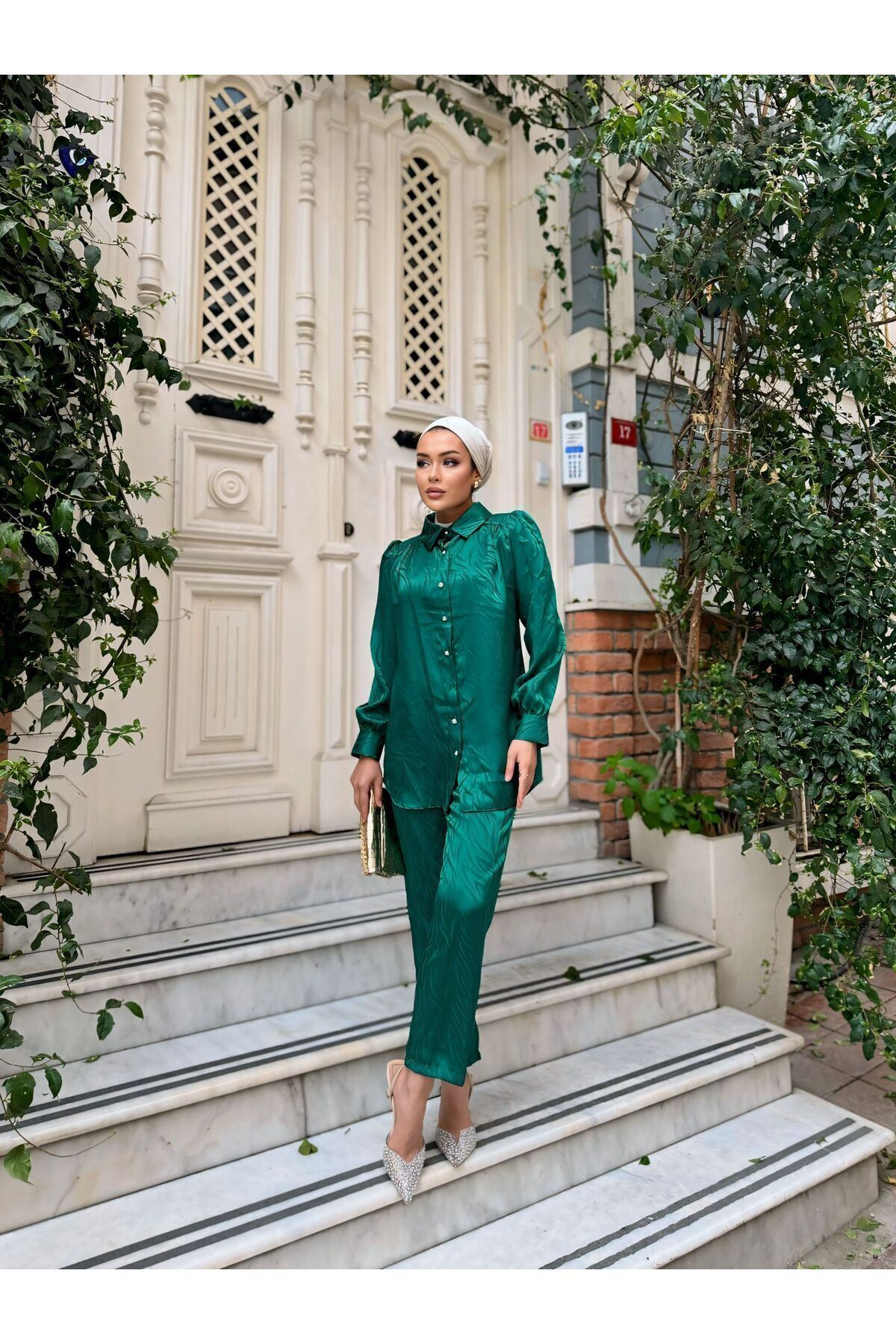 Kadın Desenli Gömlek Bol Pantolon Alt Üst Zümrüt Ikili Takım