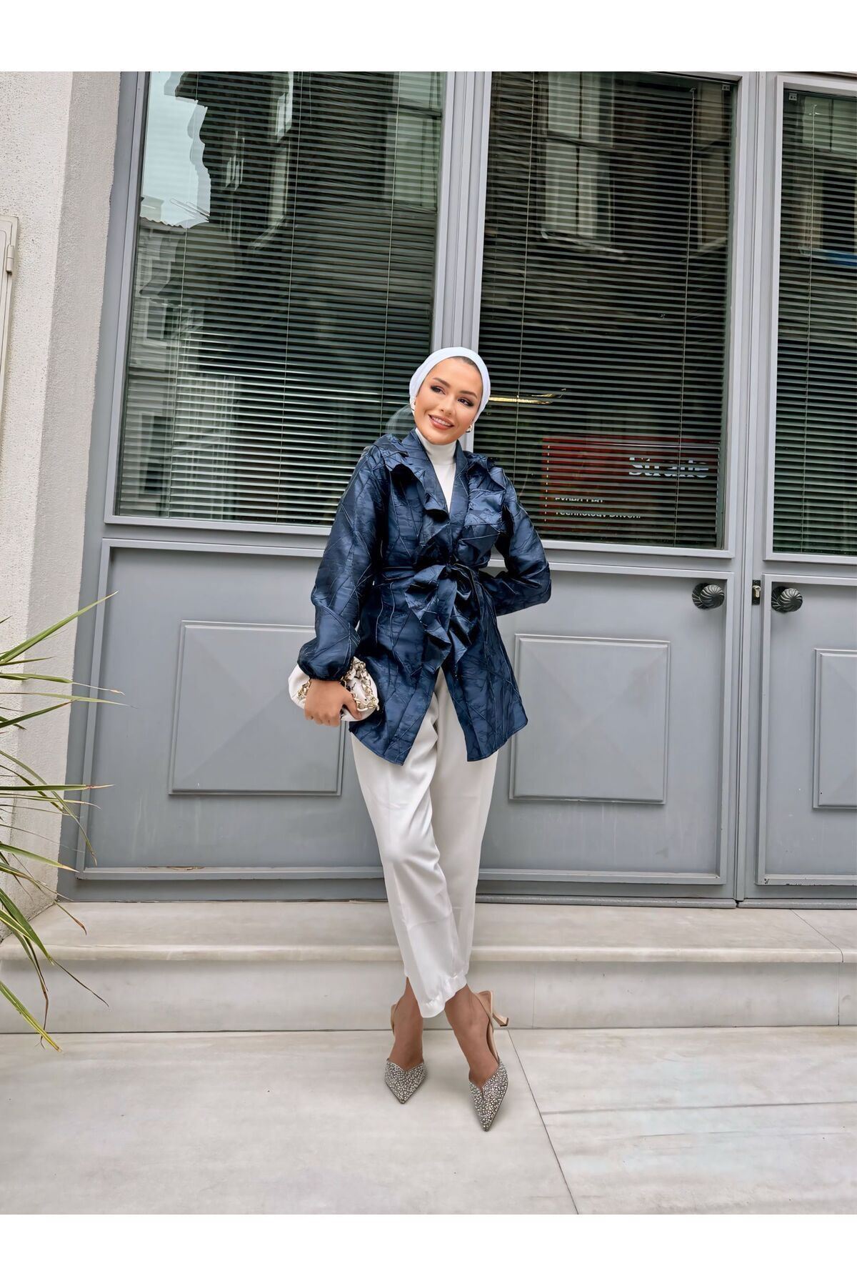 Kadın Bel Bağlamalı Tonik Uzun Lacivert Ceket