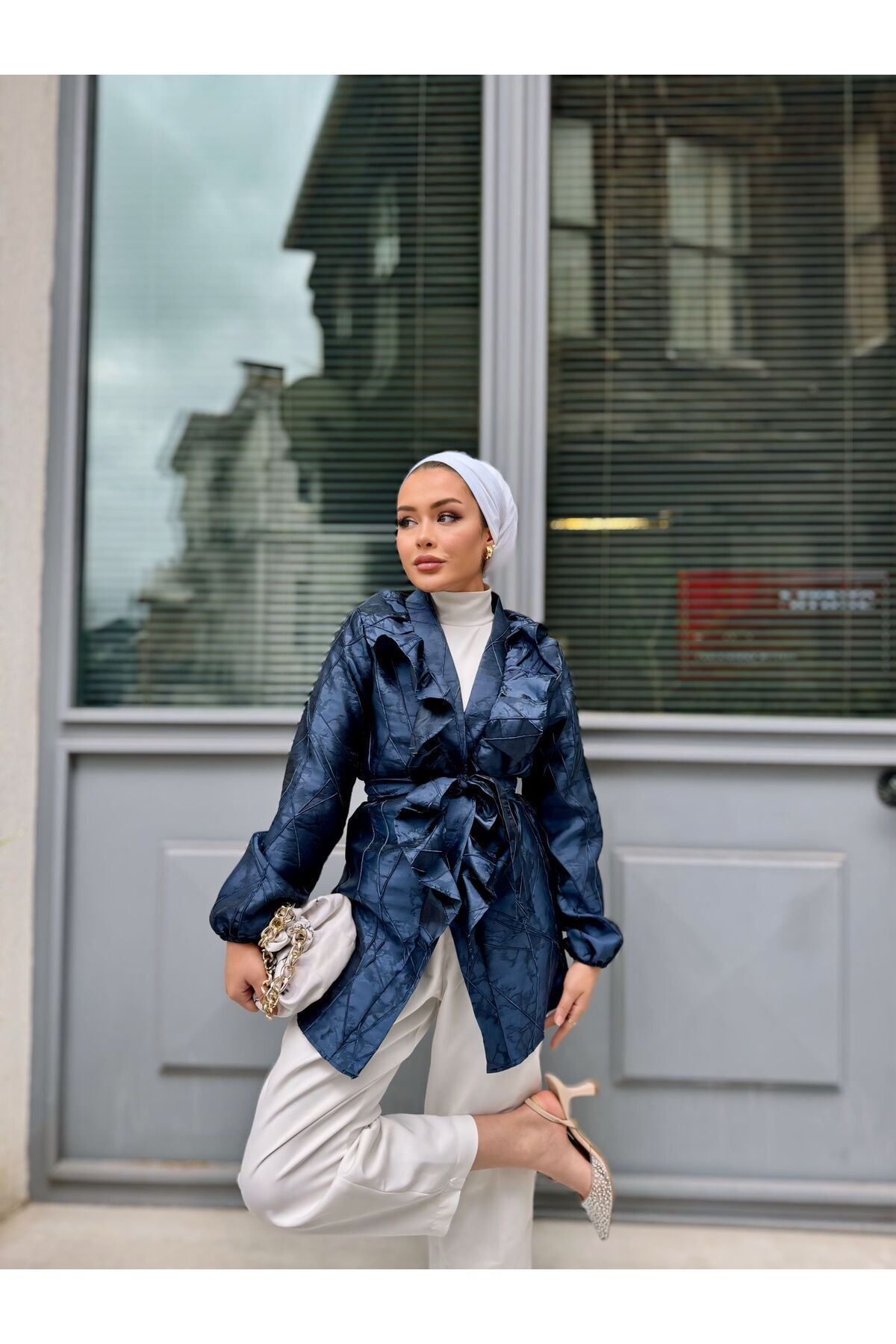 Kadın Bel Bağlamalı Tonik Uzun Lacivert Ceket