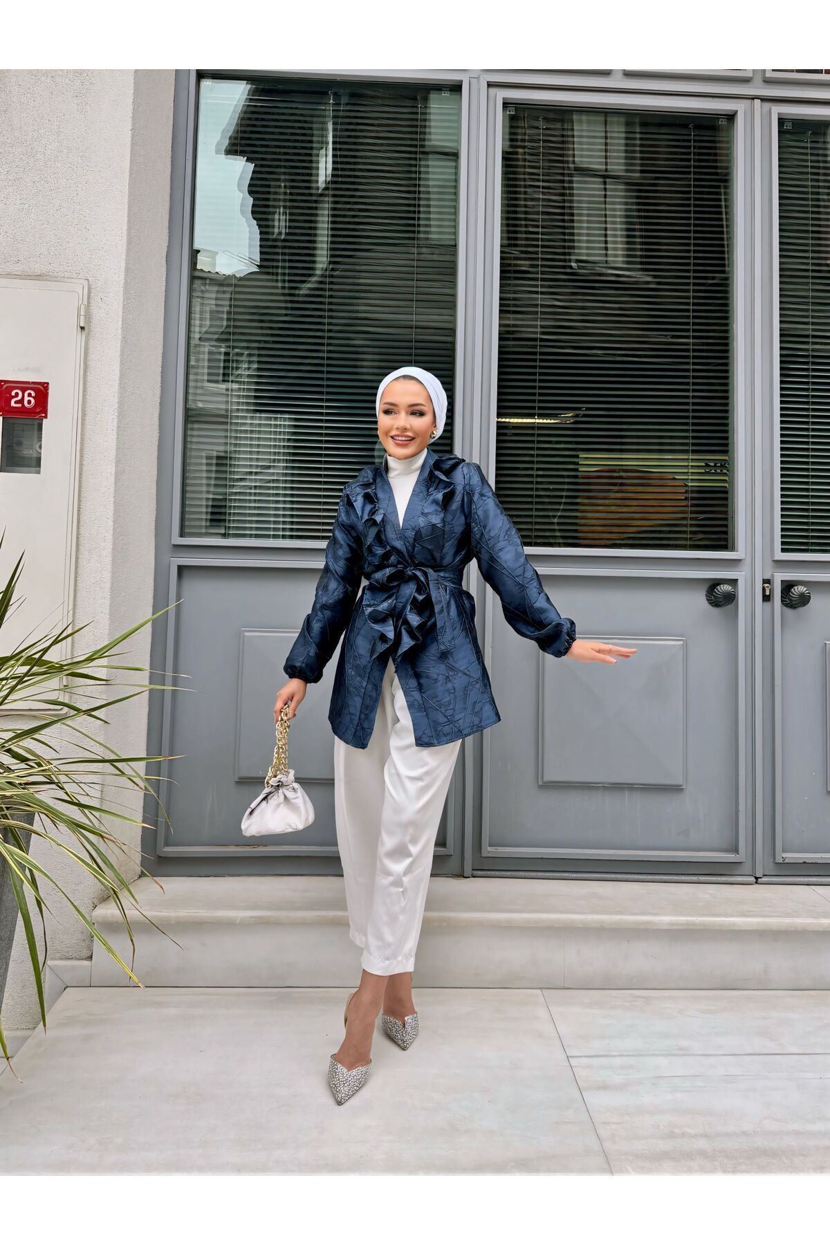 Kadın Bel Bağlamalı Tonik Uzun Lacivert Ceket