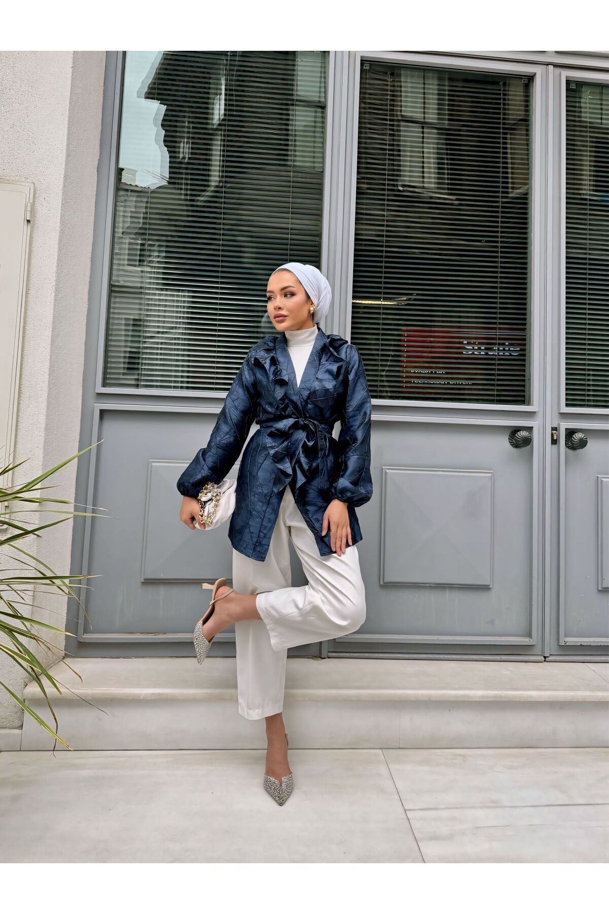 Kadın Bel Bağlamalı Tonik Uzun Lacivert Ceket