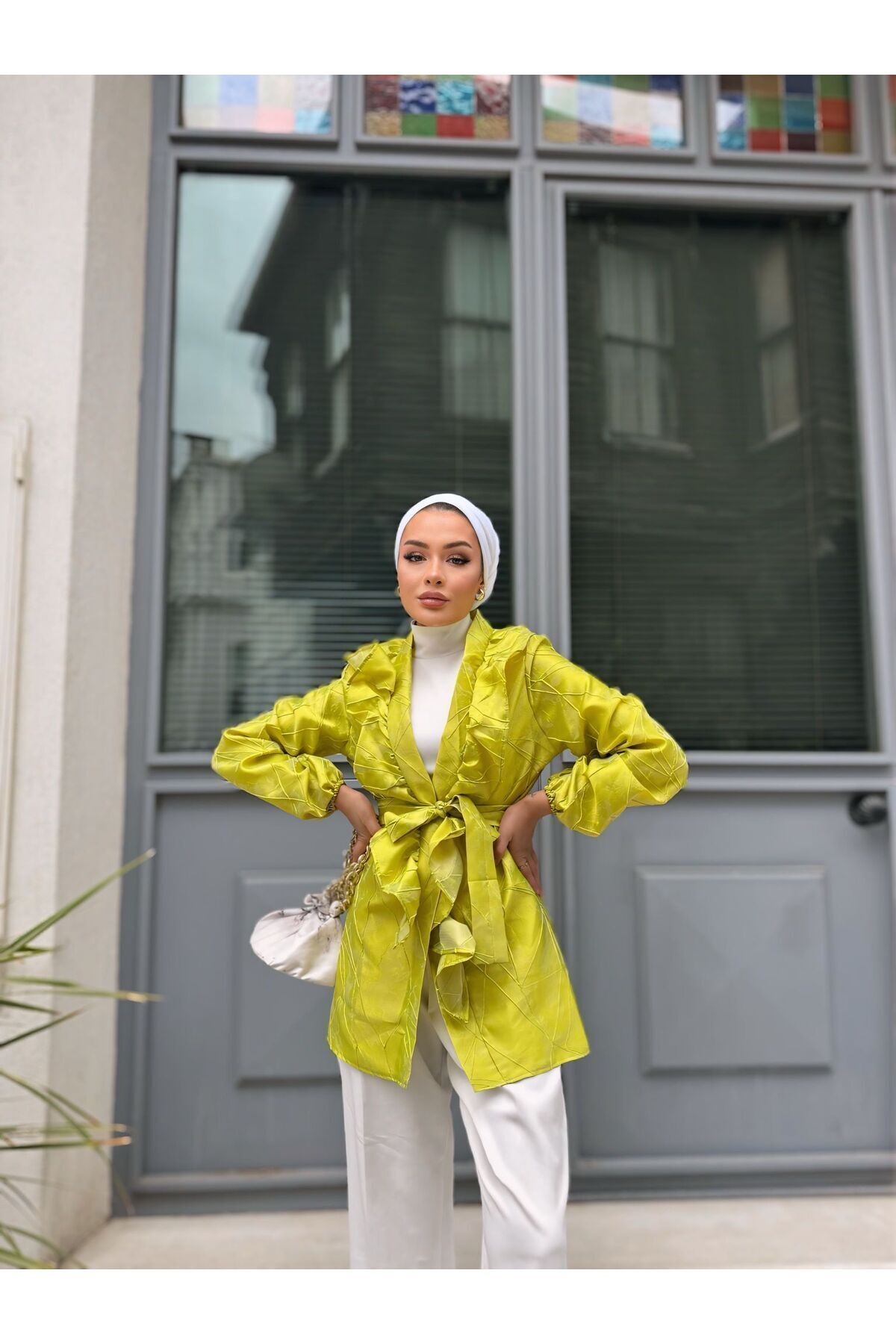 Kadın Bel Bağlamalı Tonik Uzun Yeşil Ceket