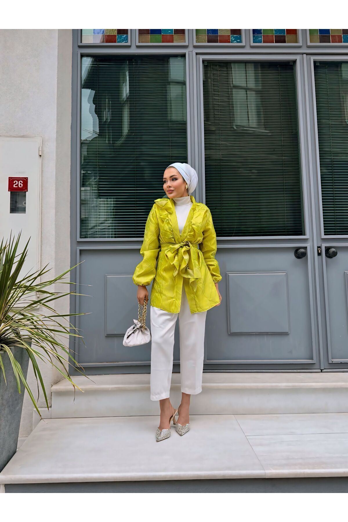 Kadın Bel Bağlamalı Tonik Uzun Yeşil Ceket