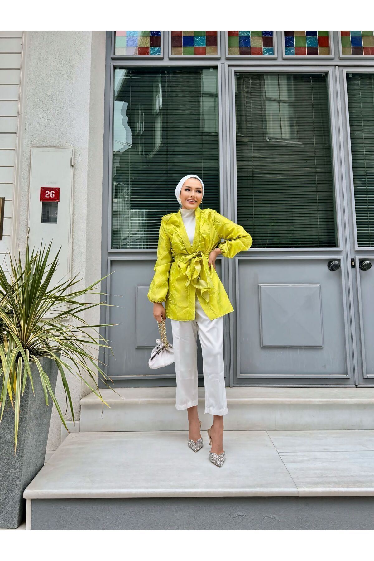 Kadın Bel Bağlamalı Tonik Uzun Yeşil Ceket