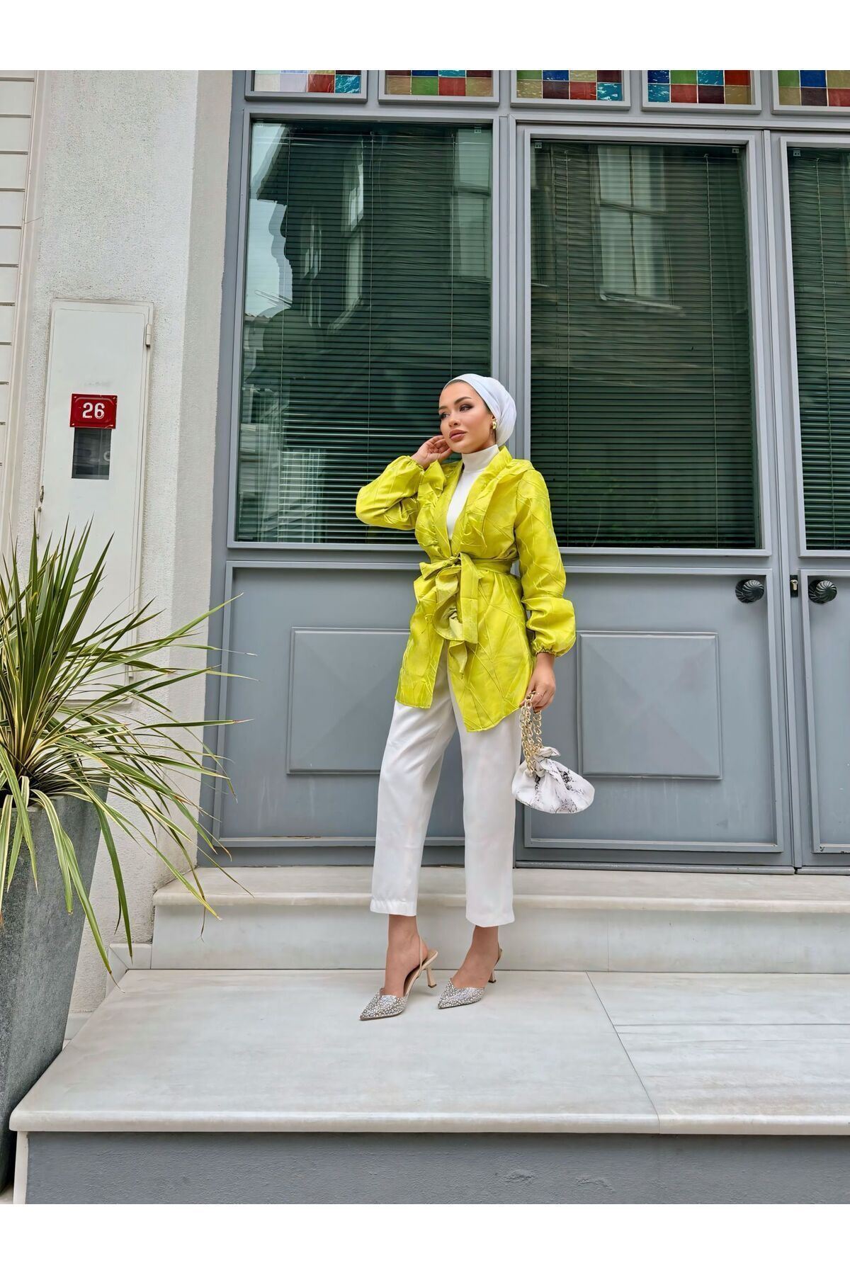 Kadın Bel Bağlamalı Tonik Uzun Yeşil Ceket