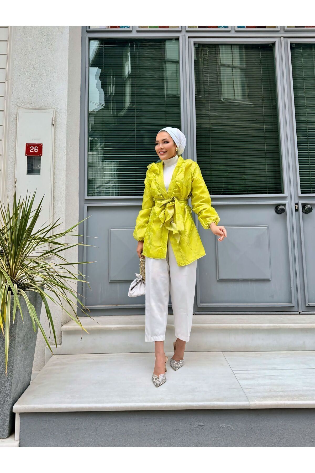 Kadın Bel Bağlamalı Tonik Uzun Yeşil Ceket