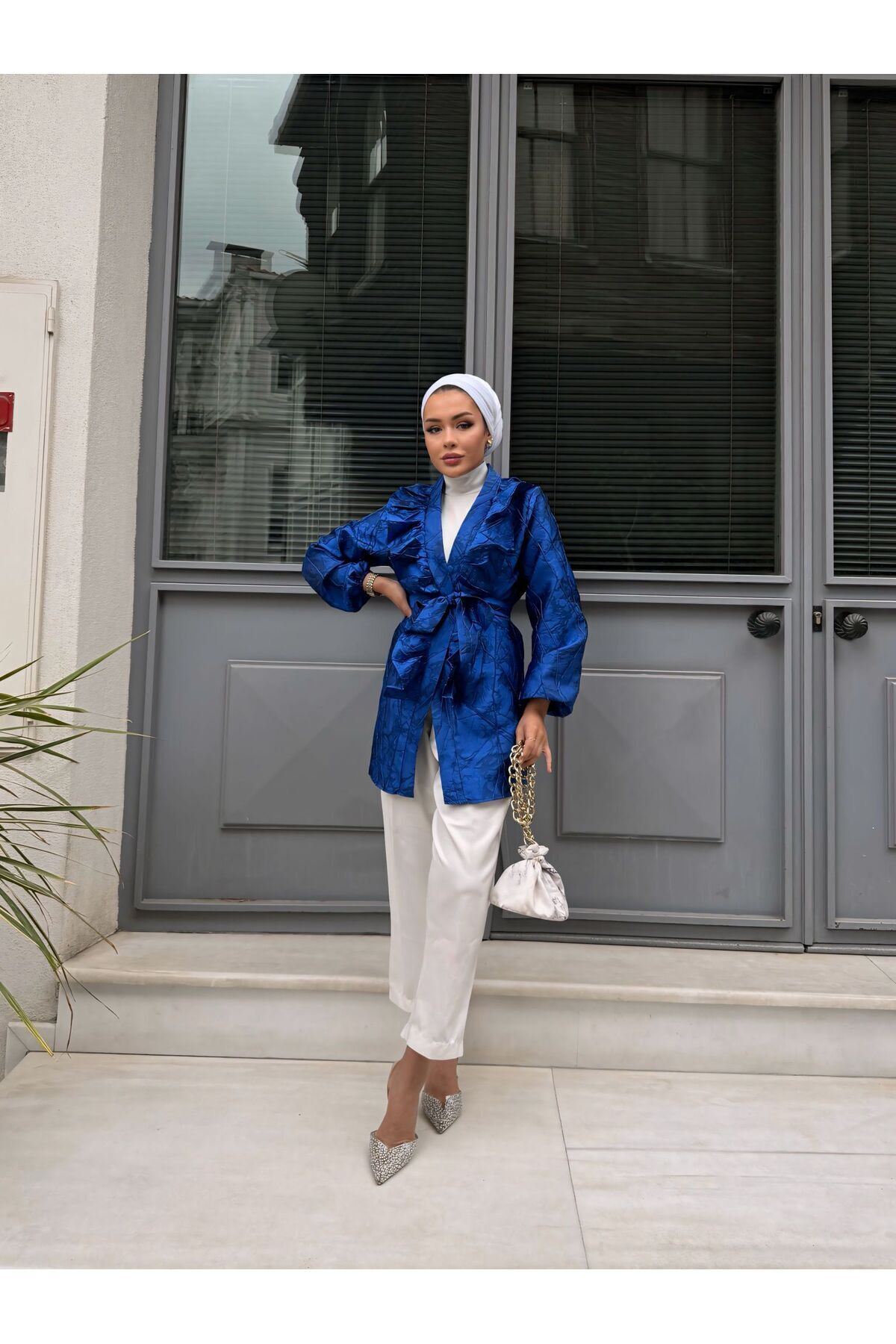 Kadın Bel Bağlamalı Tonik Uzun Saks Mavi Ceket