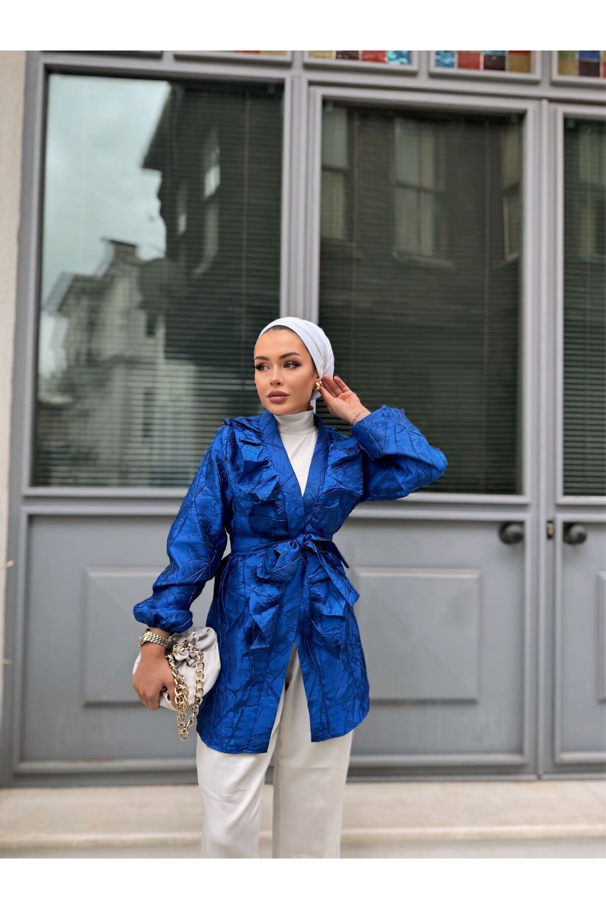 Kadın Bel Bağlamalı Tonik Uzun Saks Mavi Ceket