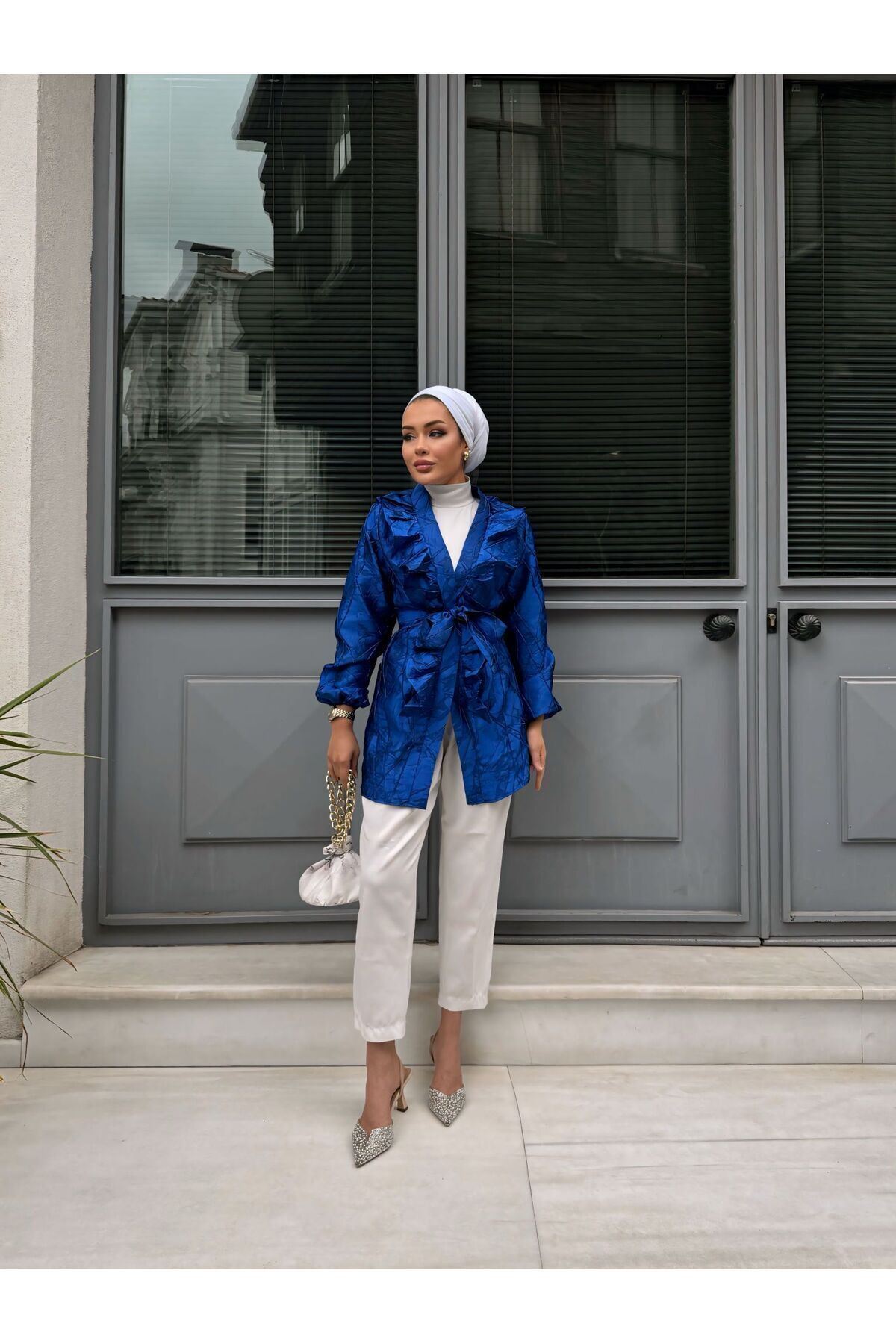 Kadın Bel Bağlamalı Tonik Uzun Saks Mavi Ceket