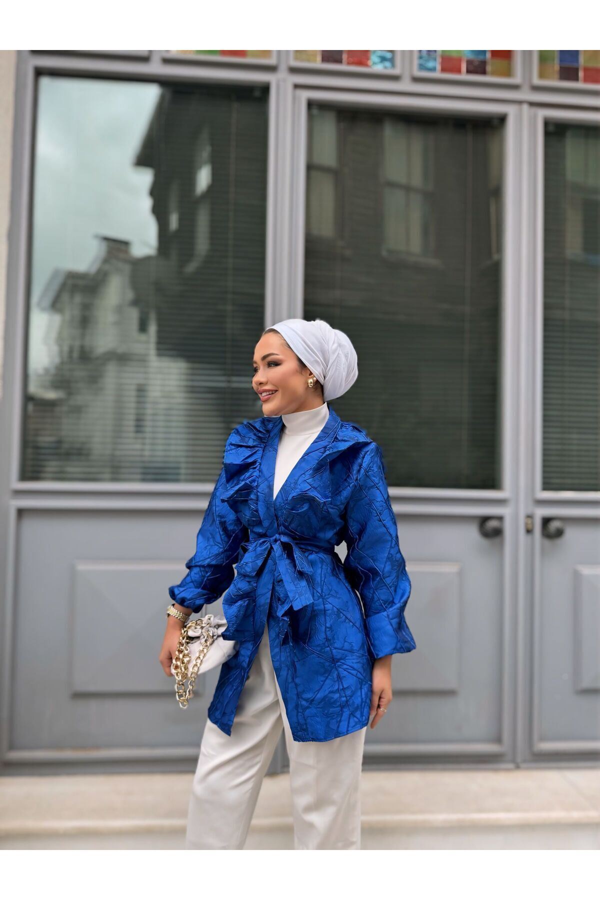 Kadın Bel Bağlamalı Tonik Uzun Saks Mavi Ceket