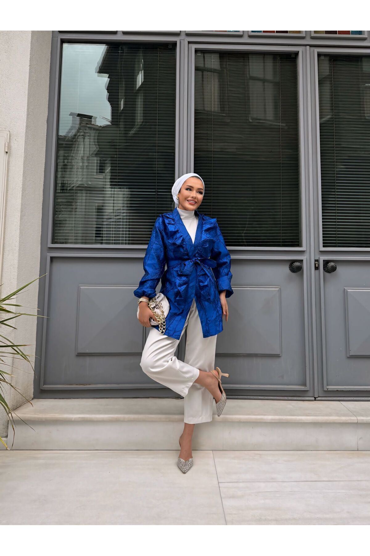 Kadın Bel Bağlamalı Tonik Uzun Saks Mavi Ceket