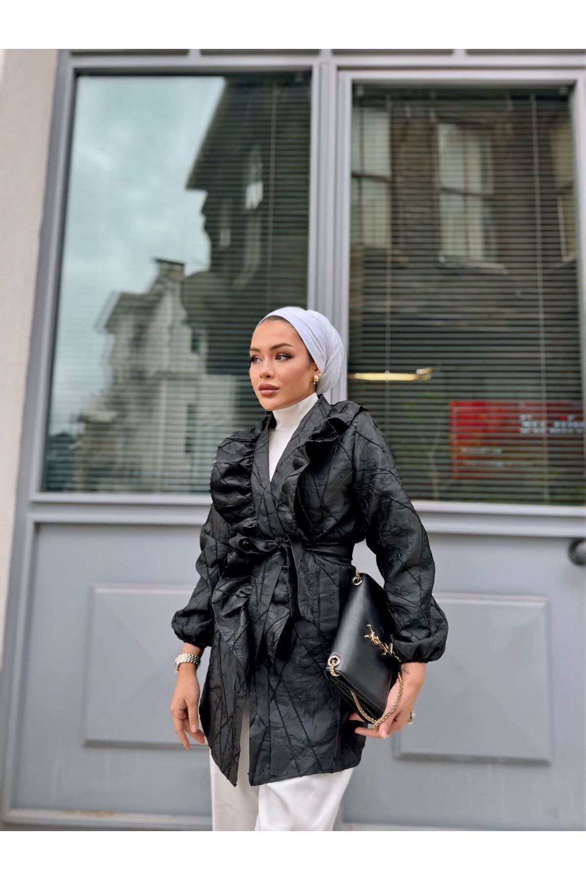 Kadın Bel Bağlamalı Tonik Uzun Siyah Ceket