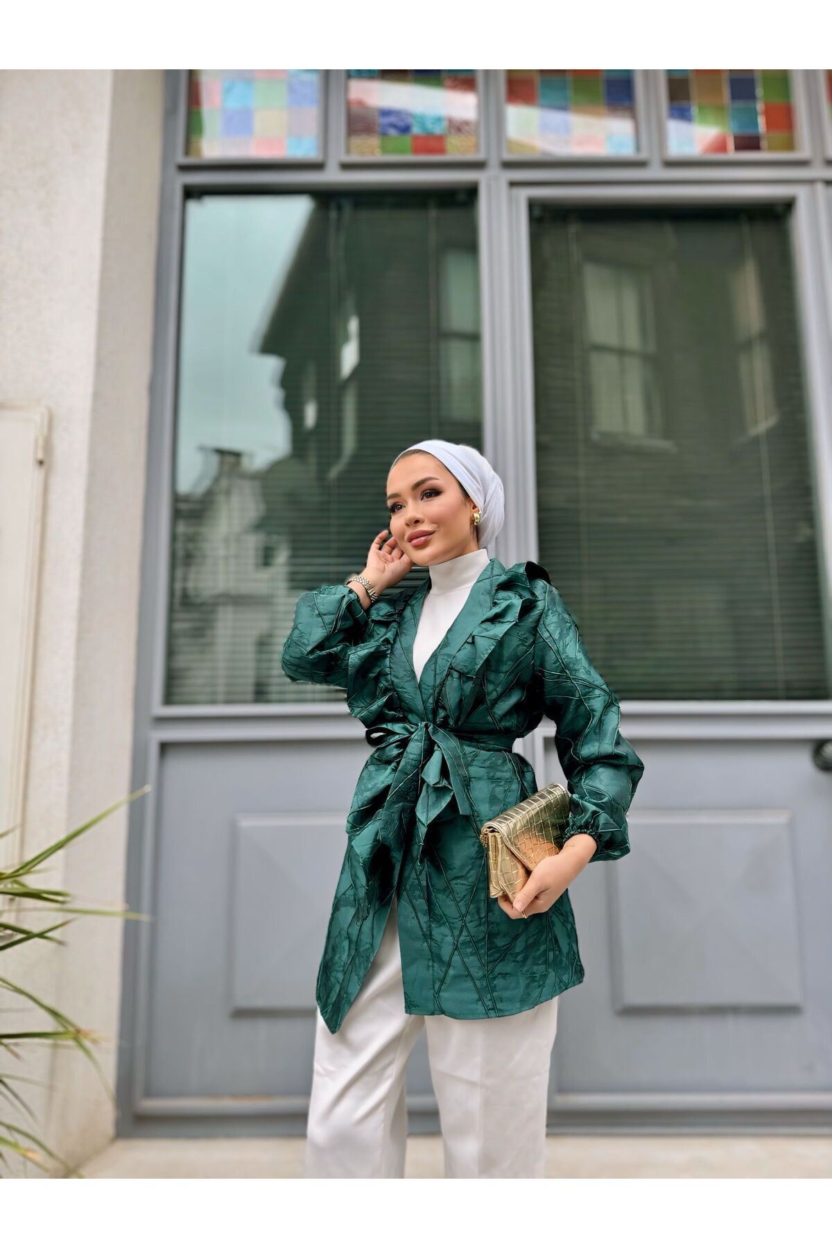 Kadın Bel Bağlamalı Tonik Uzun Zümrüt Ceket