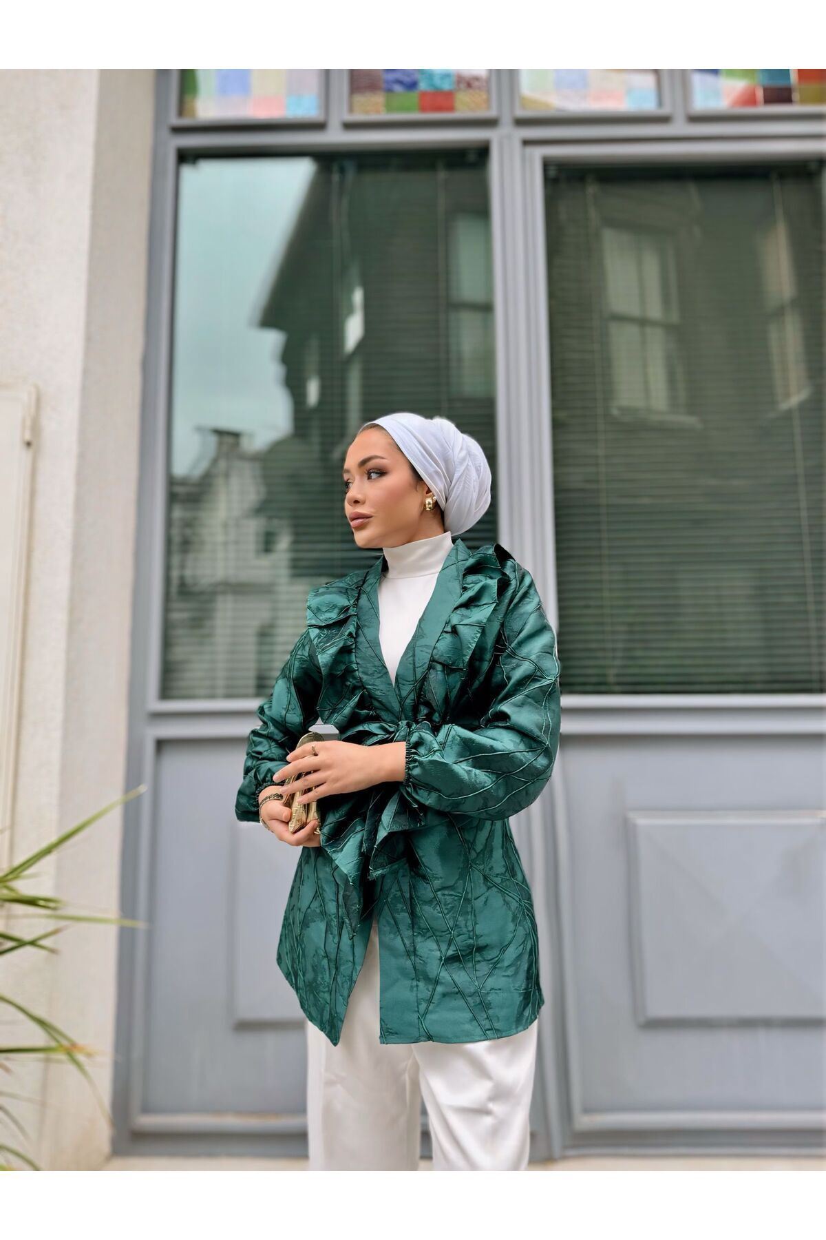 Kadın Bel Bağlamalı Tonik Uzun Zümrüt Ceket
