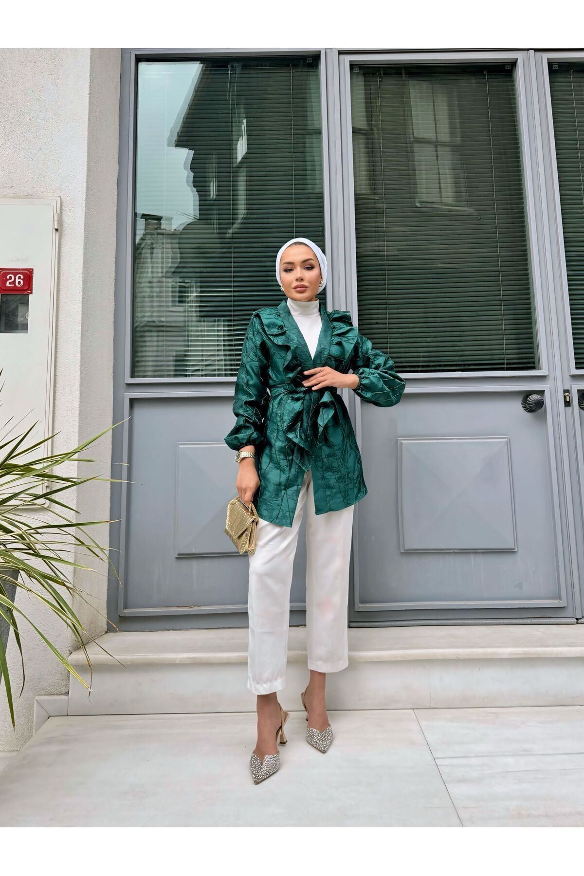 Kadın Bel Bağlamalı Tonik Uzun Zümrüt Ceket